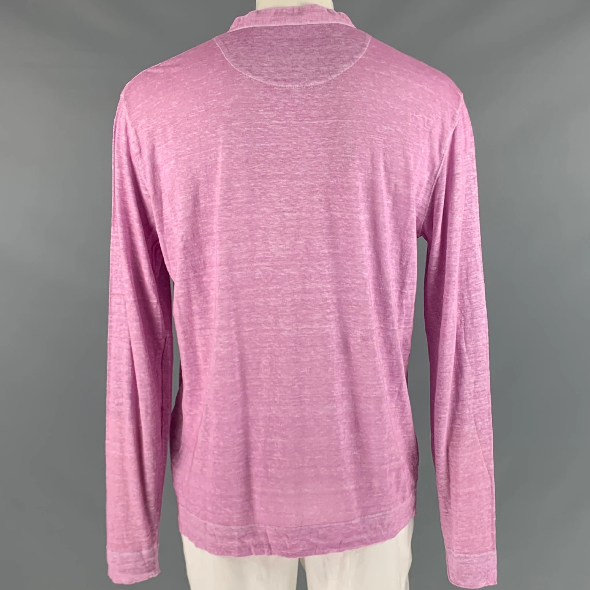 120% LINO Size 46 Pink Linen Henley Pullover - Image 3