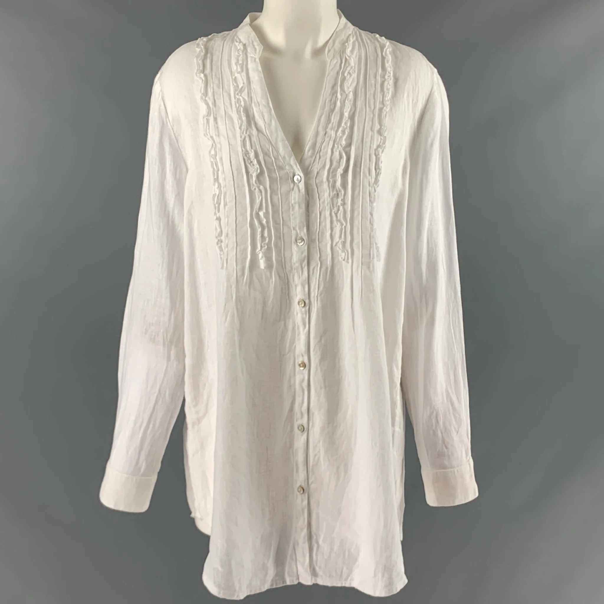 120% LINO Size M White Linen Ruffled Open Collar Shirt