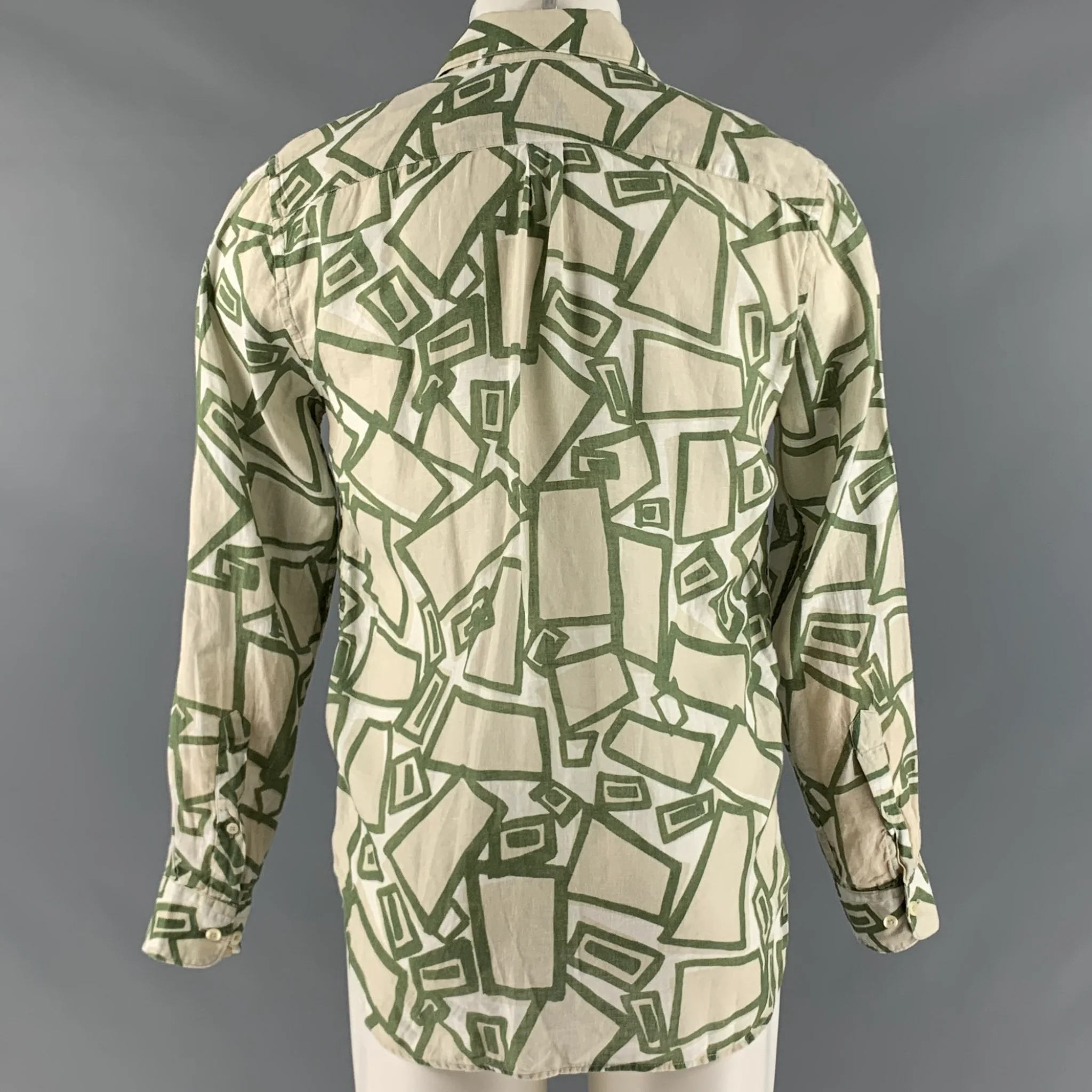 120% LINO Size S Green White Print Linen Button Up Long Sleeve Shirt - Image 3