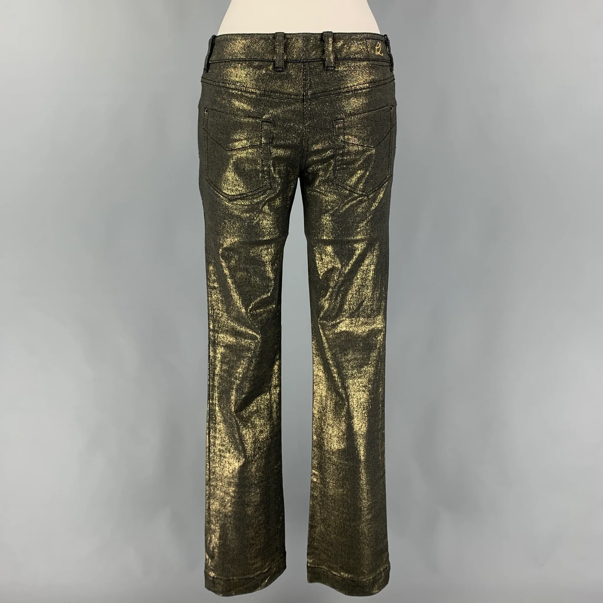 3.1 PHILLIP LIM Size 2 Gold Black Cotton Metallic Zip Fly Jeans - Image 3