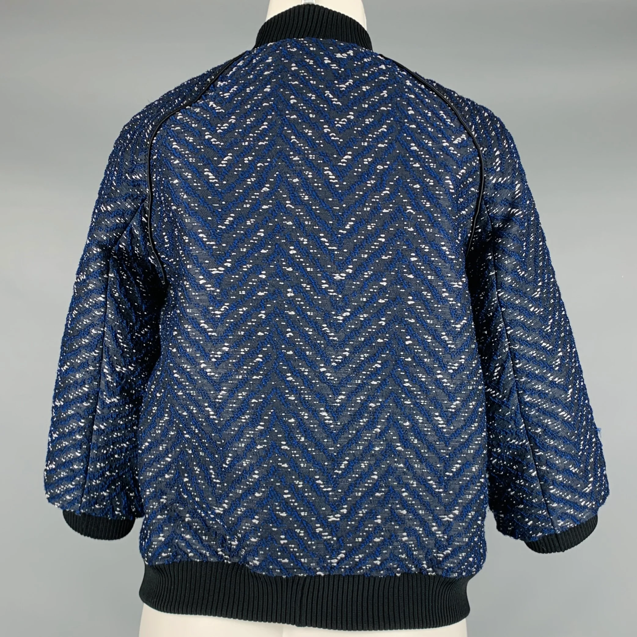 3.1 PHILLIP LIM Size 4 Black Navy Polyester Cotton Chevron Bomber Jacket - Image 4