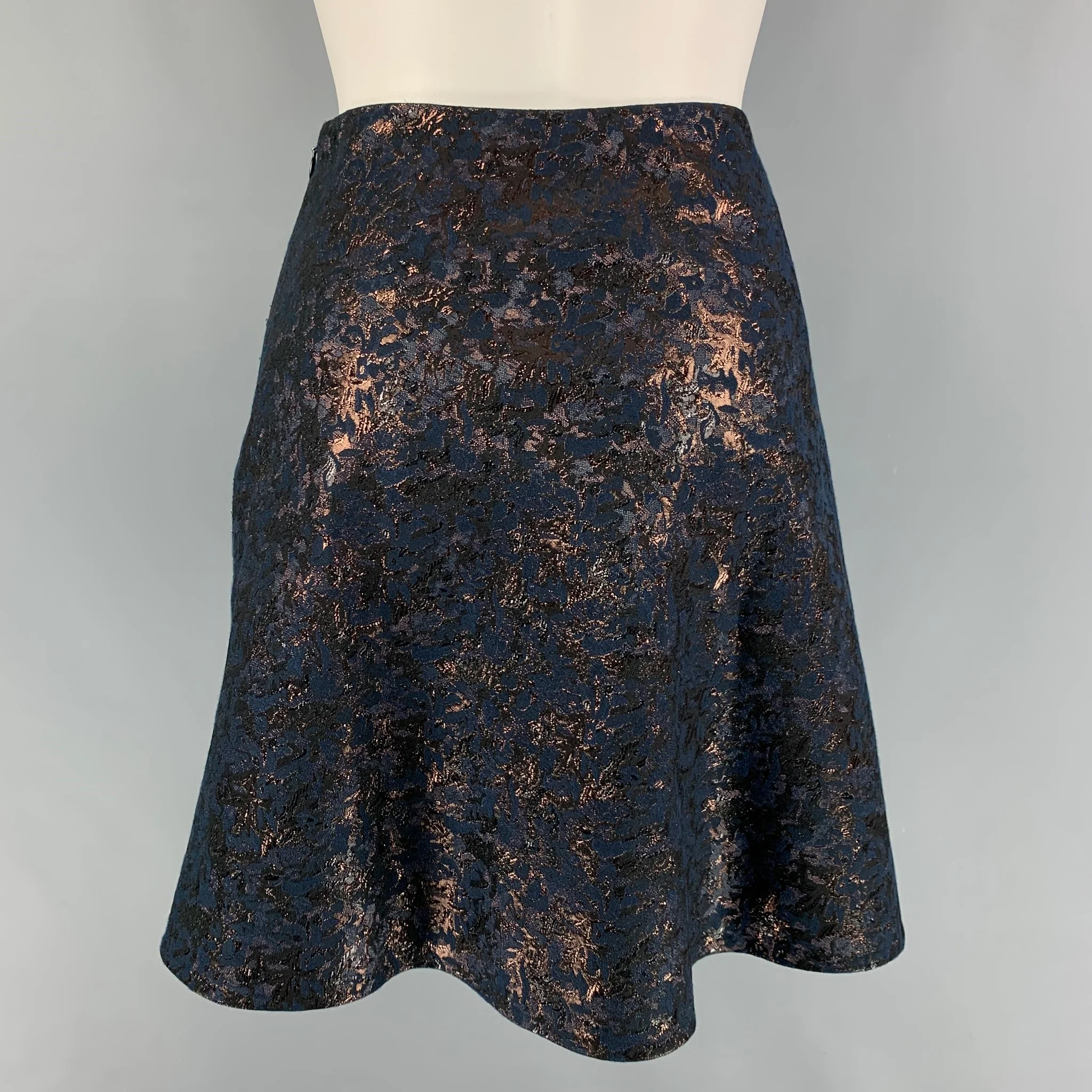 3.1 PHILLIP LIM Size 4 Navy Copper Jacquard Floral Skater Above Knee Skirt - Image 3
