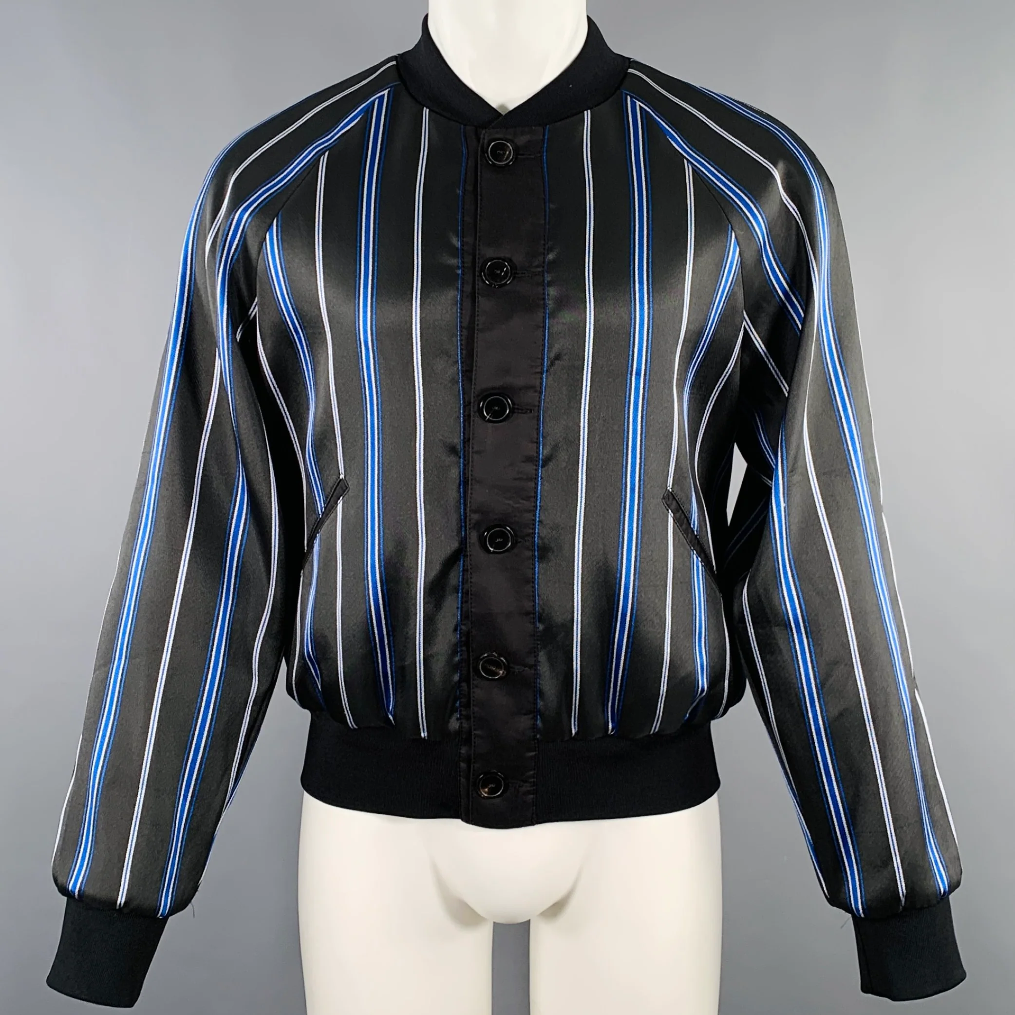 3.1 PHILLIP LIM Size M Black Blue Stripe Satin Bomber Jacket
