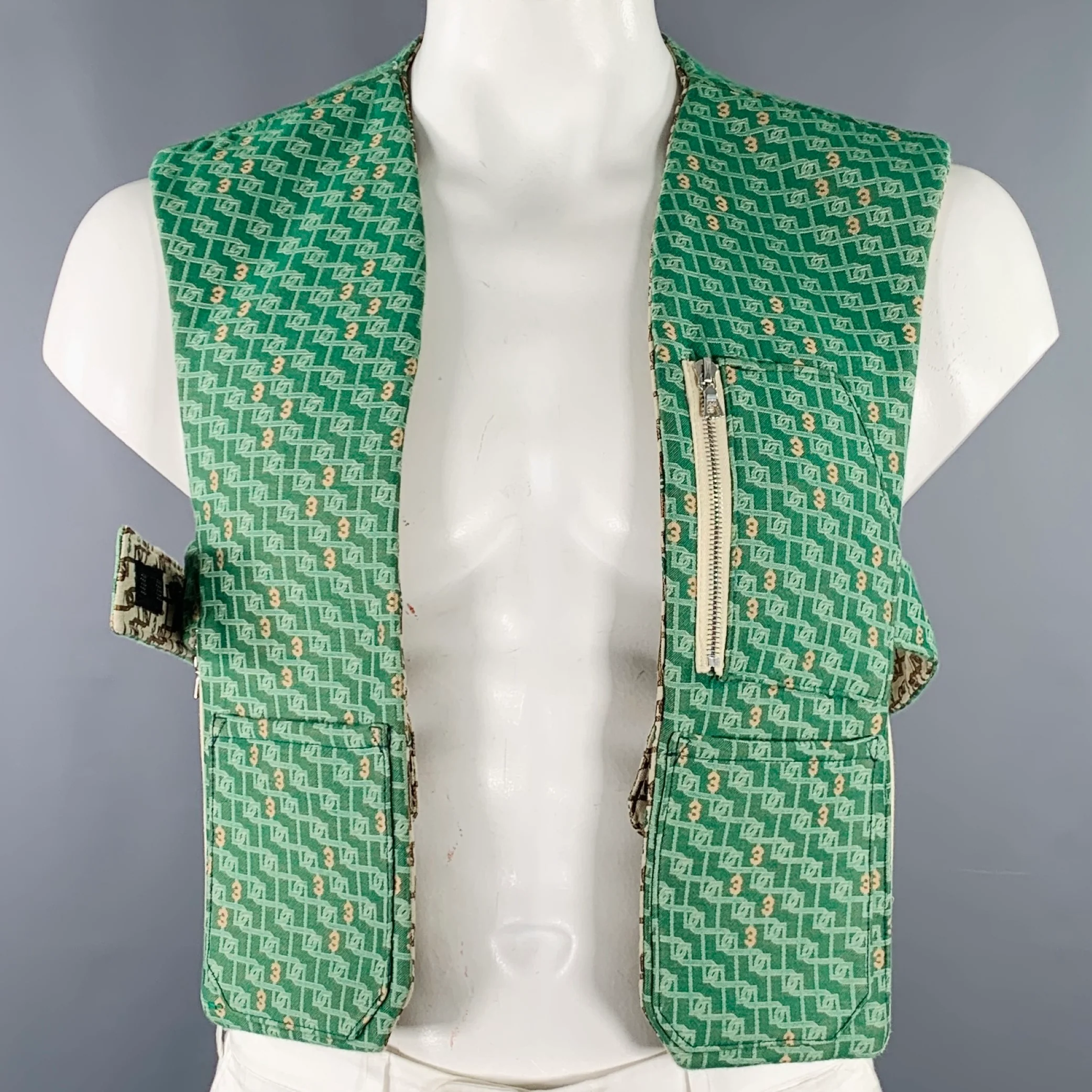 3.PARADIS SS22 Size L Green Jacquard Wool Notch Lapel Coat - Image 6