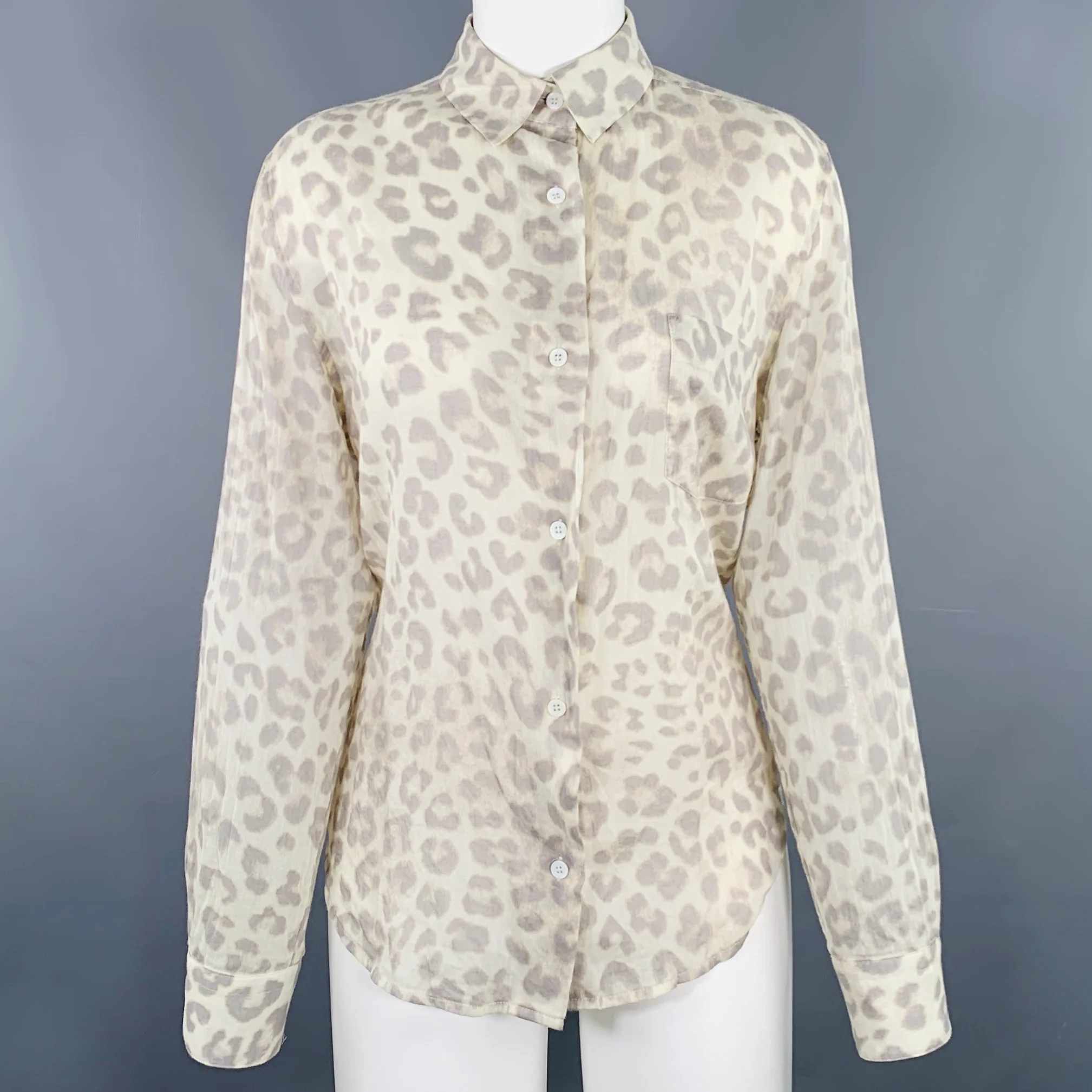 6397 Size S Beige Grey Cotton Animal Print Long Sleeve Shirt
