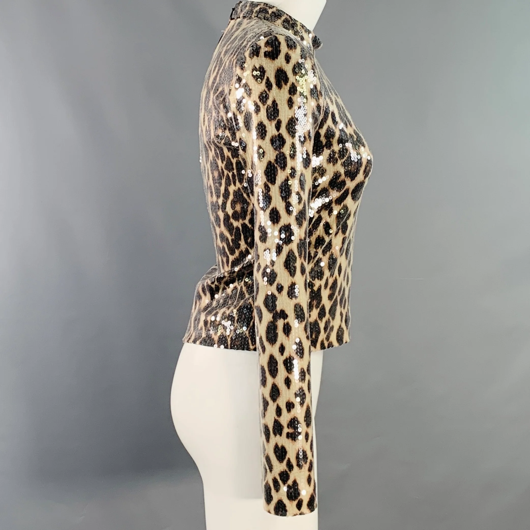 A.L.C. Size XS Beige Brown Polyester Blend Sequined Leopard Mock Neck Dress Top - Image 3