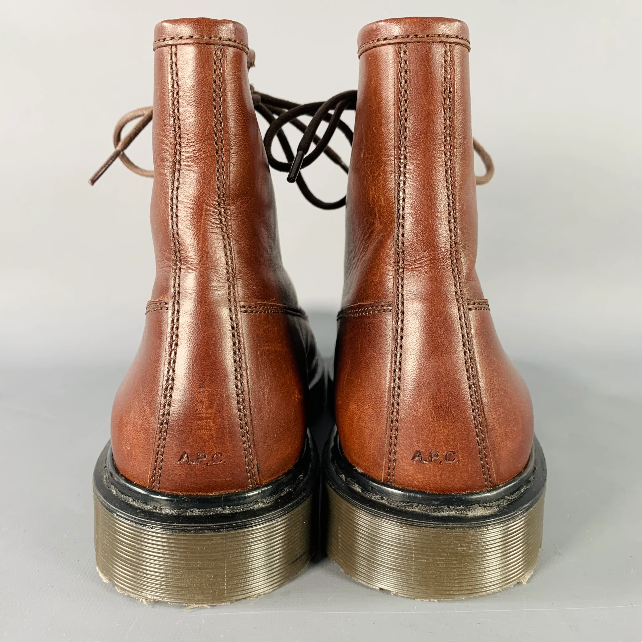 A.P.C. Size 11 Brown Leather Lace-Up Rubber Sole Ankle Boots - Image 3