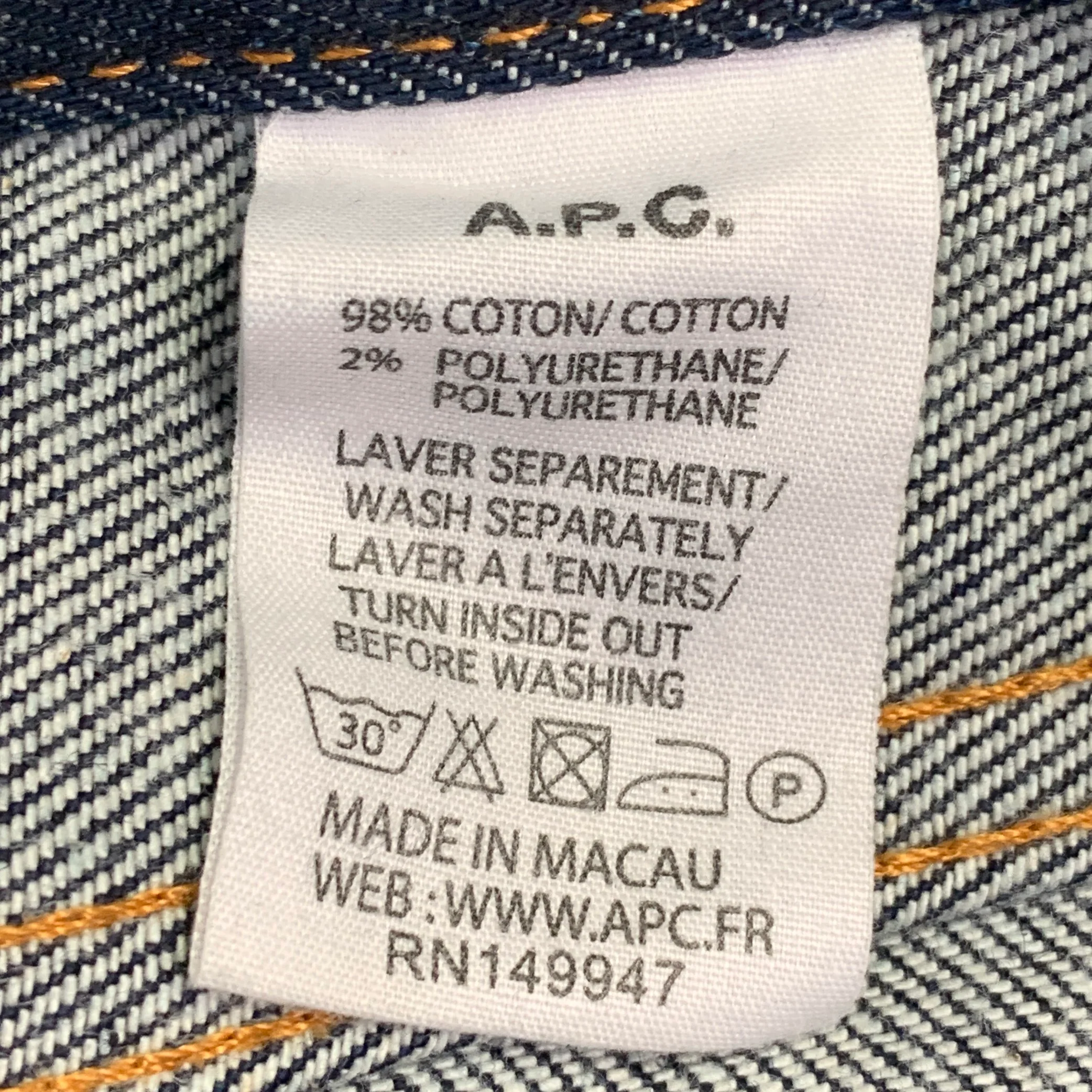 A.P.C. Size 32 Indigo Twill Cotton Blend Contrast Stitch Straight Five Pockets Jeans - Image 4