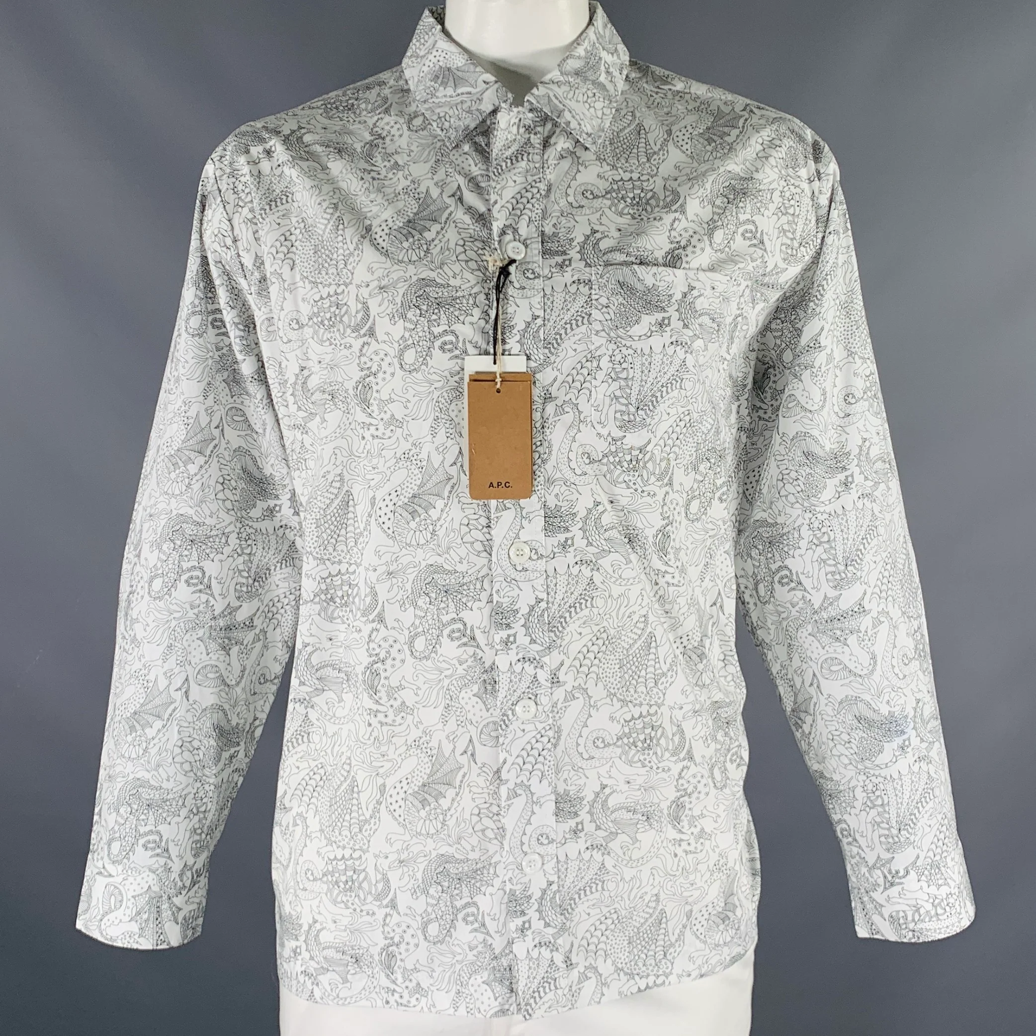 A.P.C. Size L White Black Dragons Print Cotton Long Sleeve Shirt