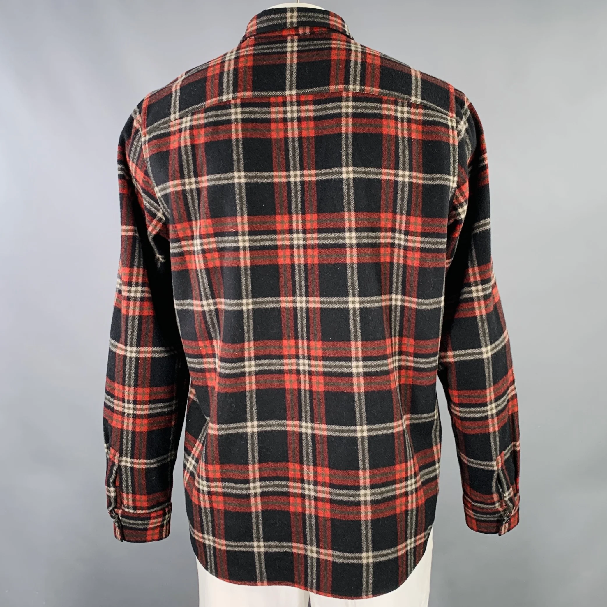 A.P.C. Size XXL Black Red Plaid Wool Blend One Pocket Long Sleeve Shirt - Image 3