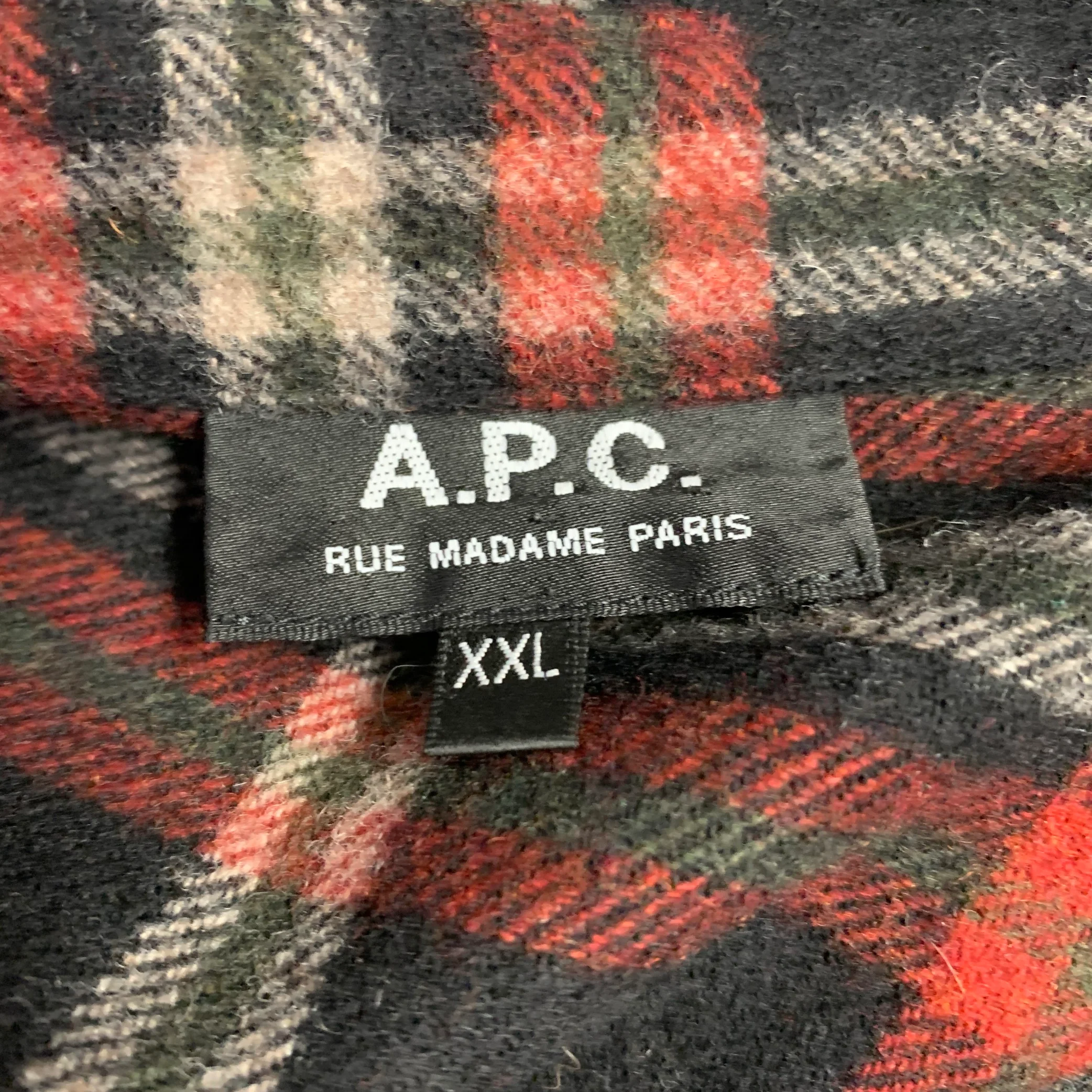 A.P.C. Size XXL Black Red Plaid Wool Blend One Pocket Long Sleeve Shirt - Image 4