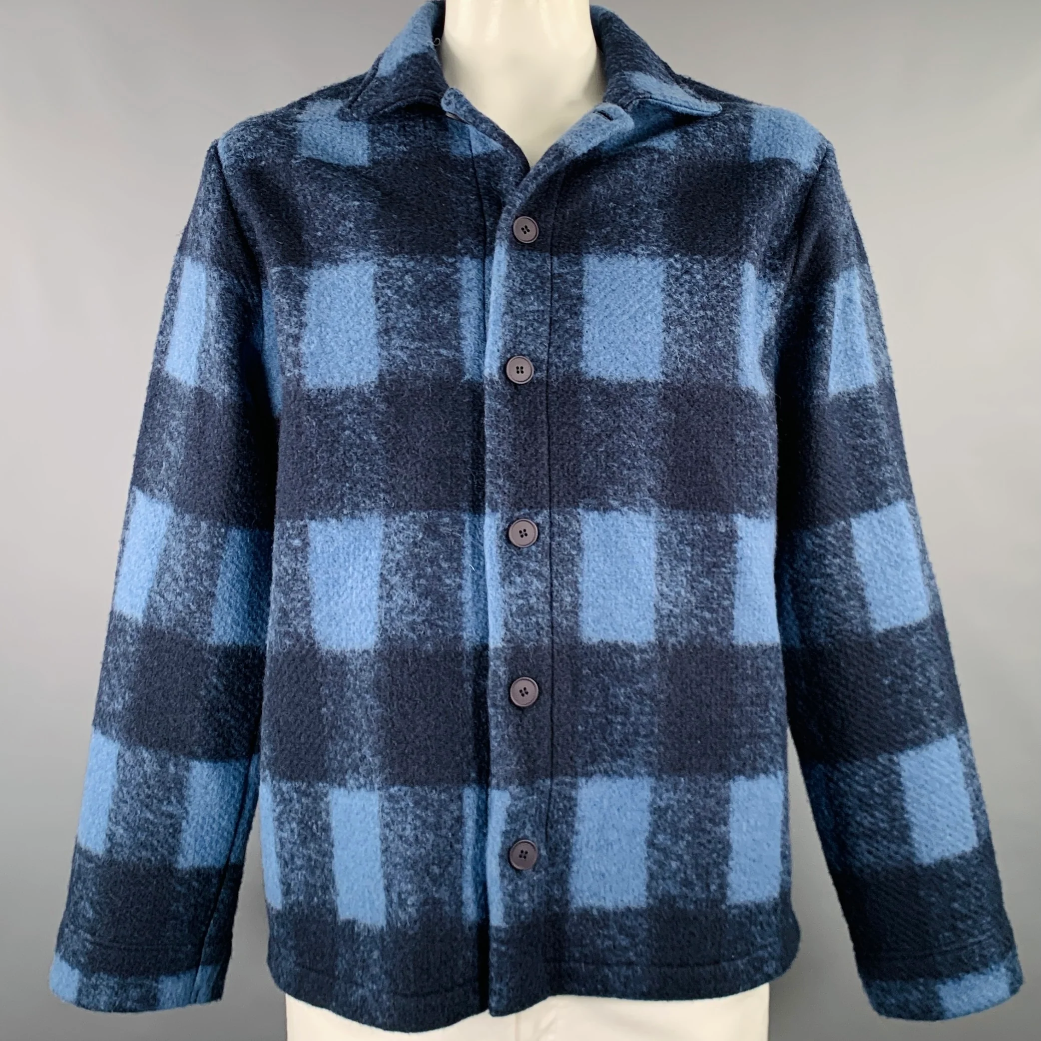 A.P.C. Size XXL Navy Blue Plaid Polyester Wool Shirt Jacket