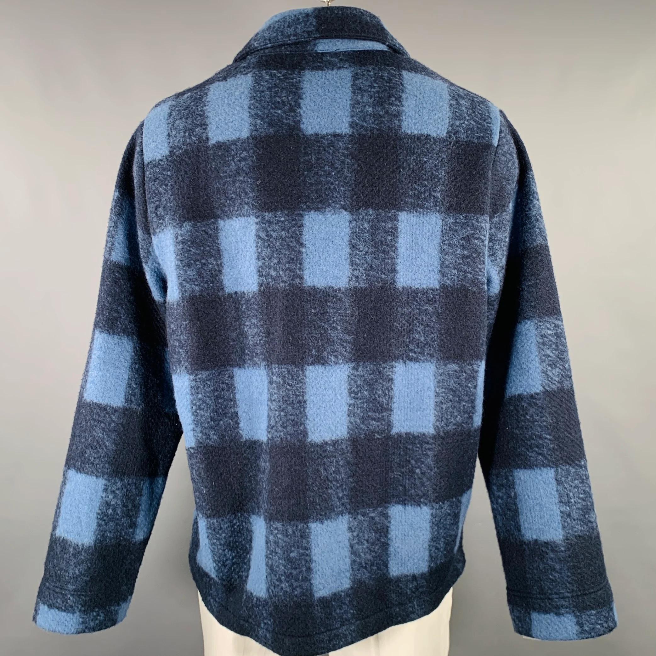 A.P.C. Size XXL Navy Blue Plaid Polyester Wool Shirt Jacket - Image 3