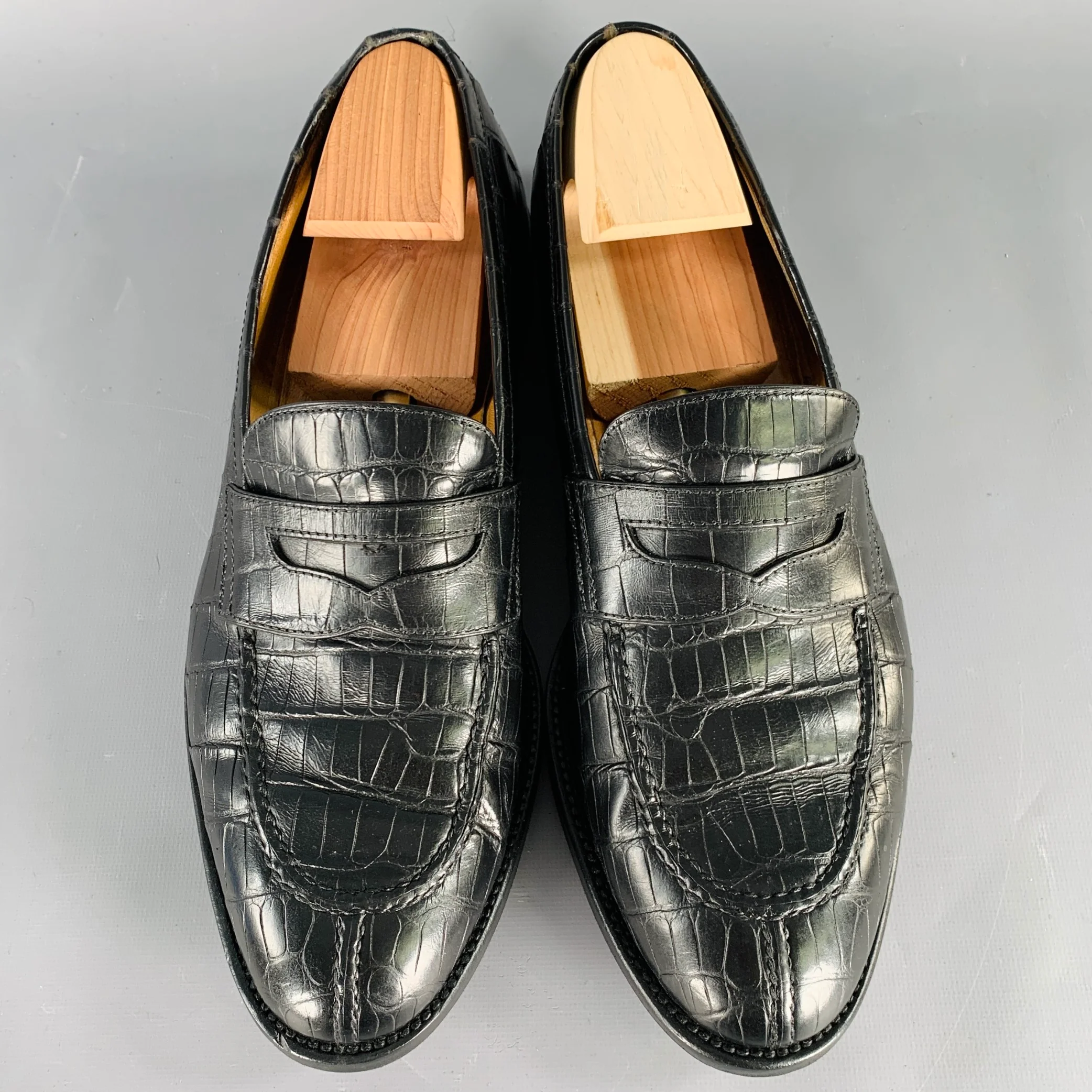 A. TESTONI Size 11.5 Black Crocodile Leather Penny Loafers - Image 4