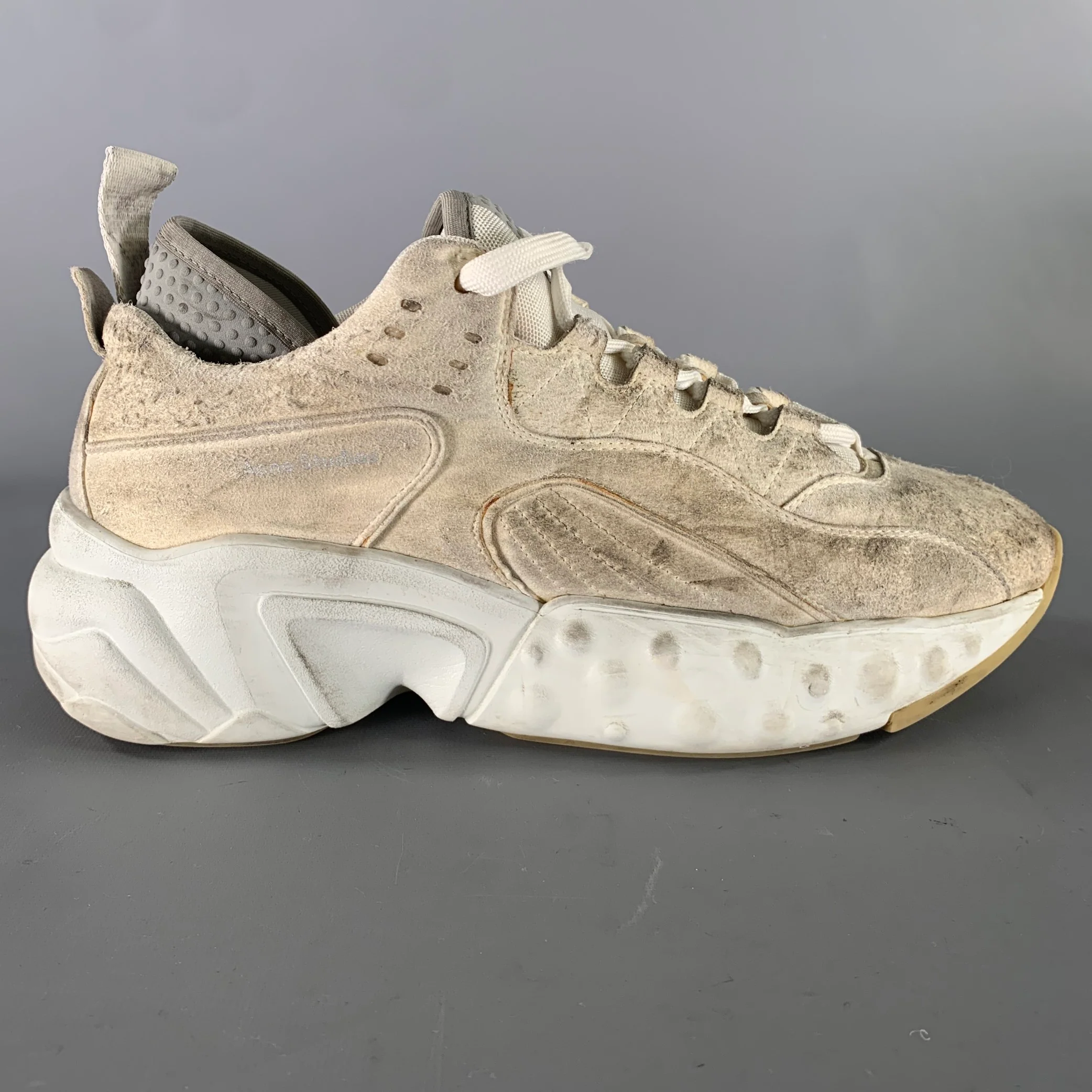 ACNE STUDIOS Size 10 White Cream Distressed Suede Lace Sneakers - Image 2