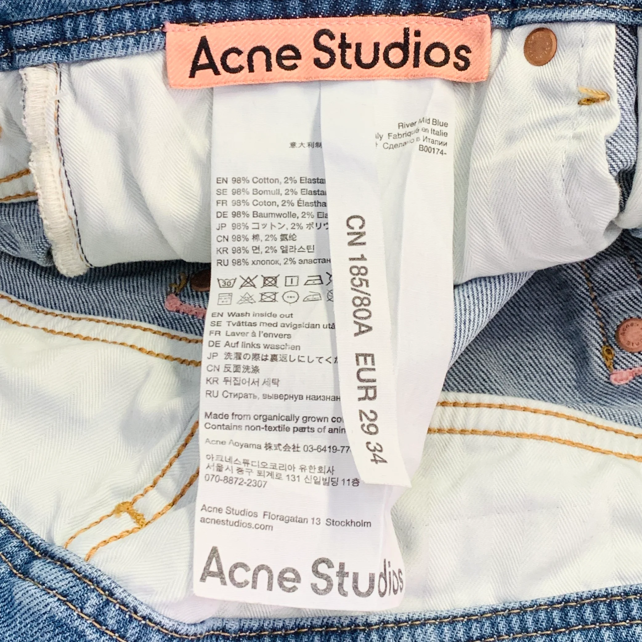 ACNE STUDIOS Size 29 River Mid Blue Contrast Stitch Cotton Blend Button Fly Jeans - Image 3