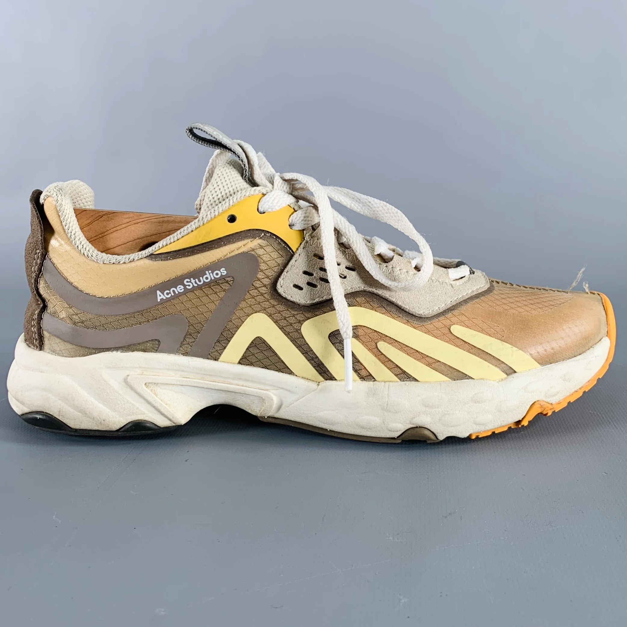 ACNE STUDIOS Size 7 Tan Grey Nylon Color Block Rubber Sole Sneakers - Image 2