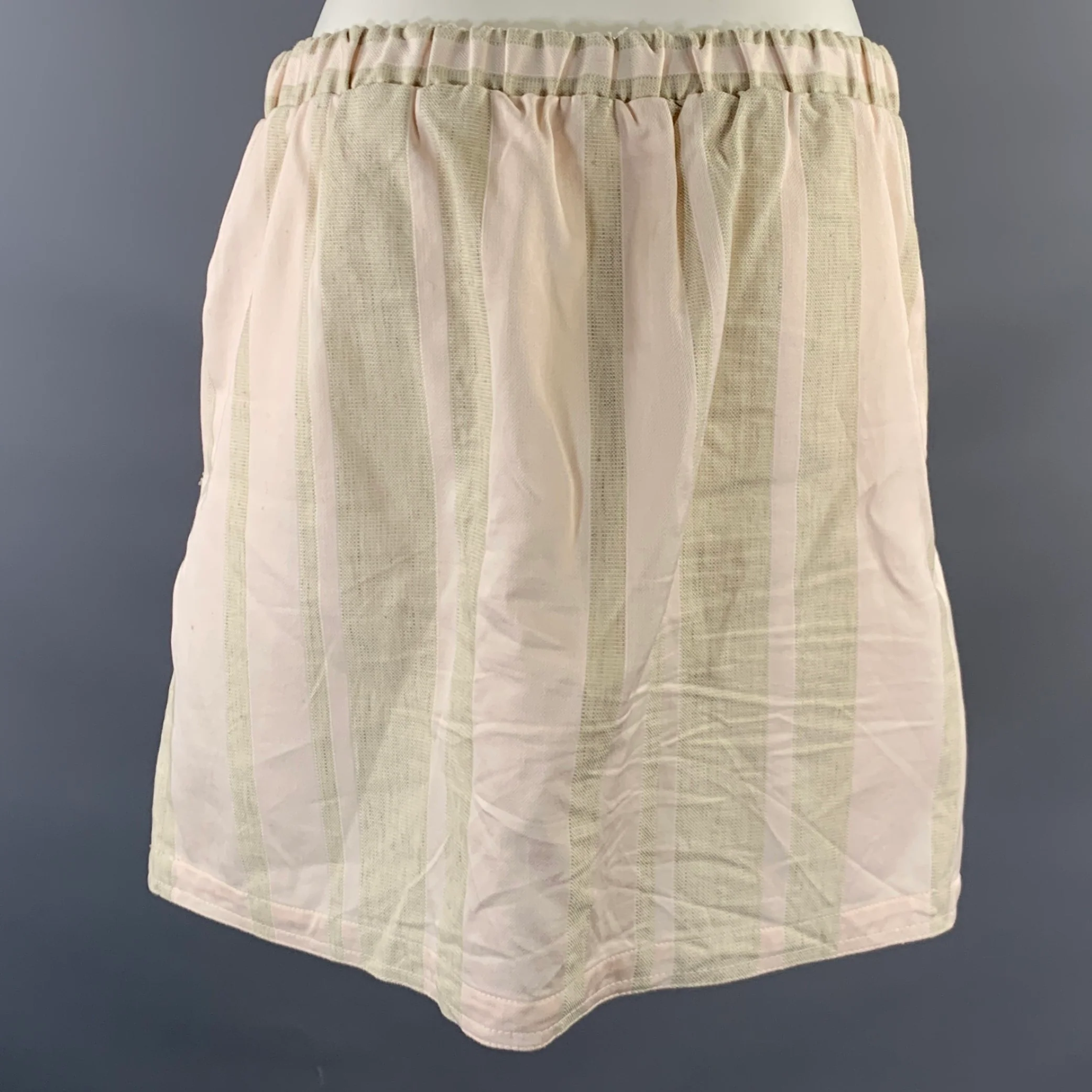 ACNE STUDIOS Size 8 Pink Olive Cotton Linen Stripe Mini Mini Skirt - Image 3