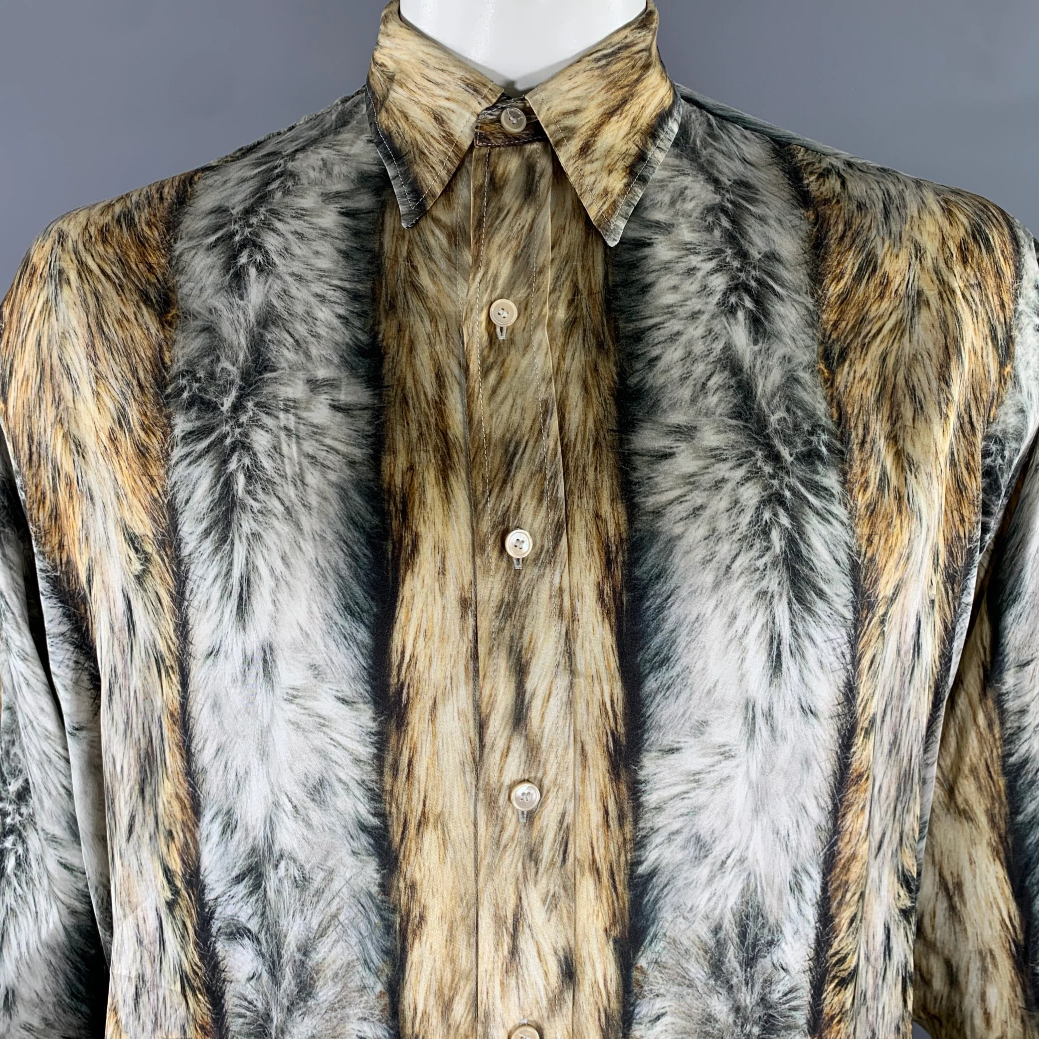 ACNE STUDIOS Size L Tan Black Grey Animal Print Long Sleeve Shirt - Image 2