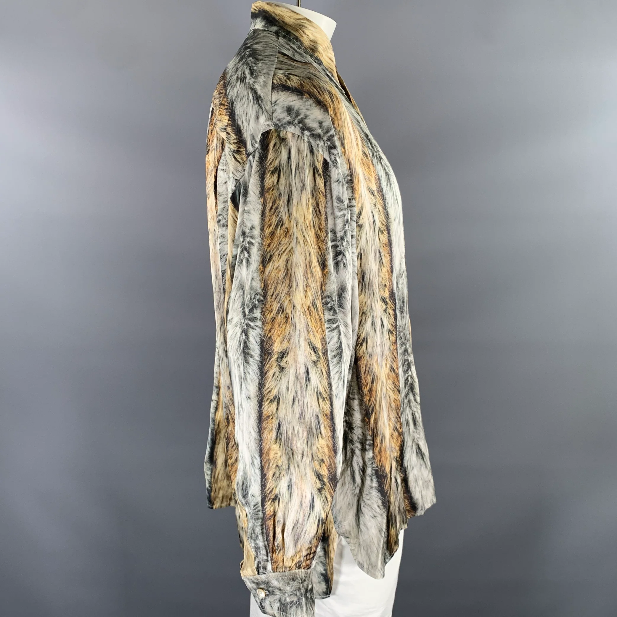 ACNE STUDIOS Size L Tan Black Grey Animal Print Long Sleeve Shirt - Image 3