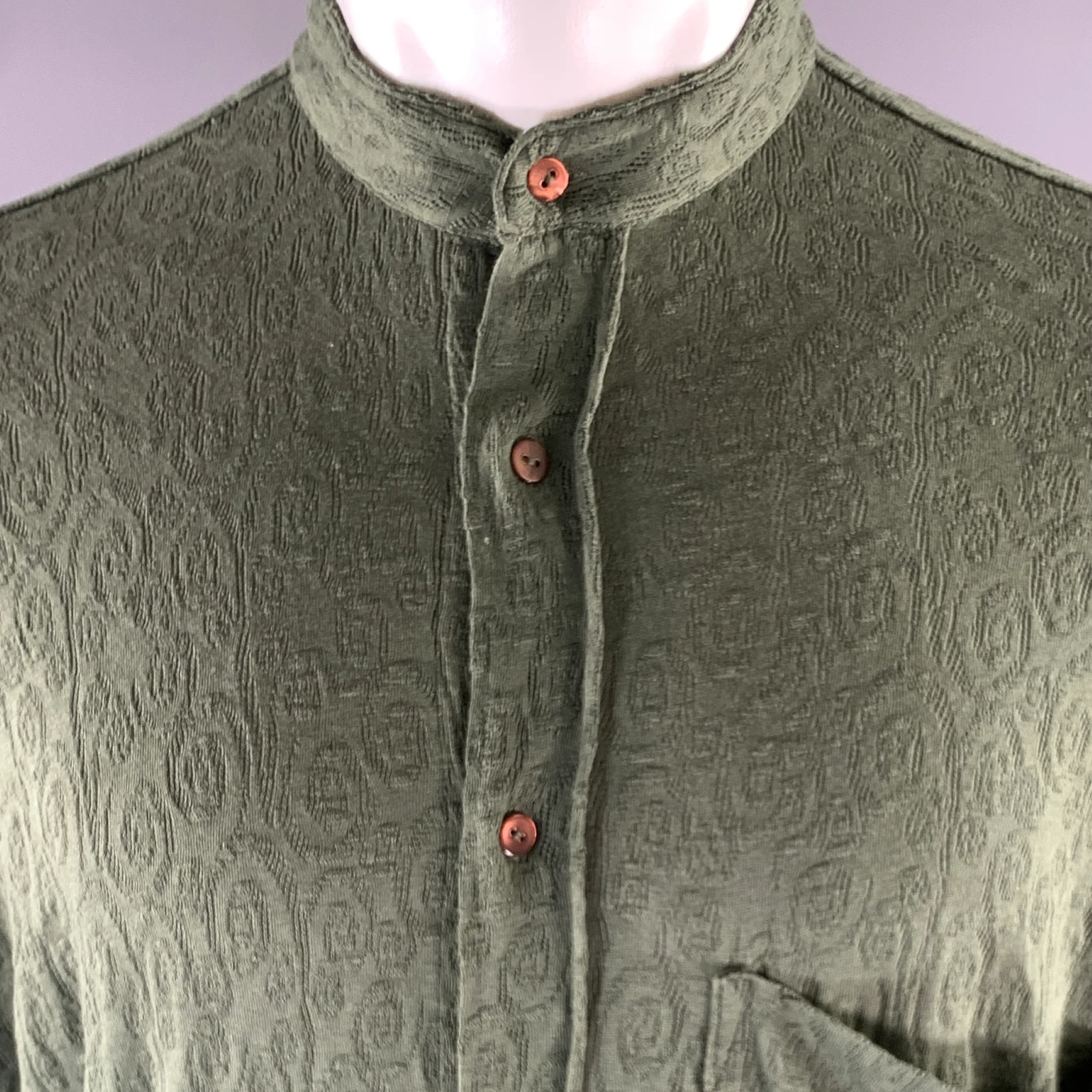 ACNE STUDIOS Size S Green Swirl Cotton Blend Band Collar Long Sleeve Shirt - Image 2