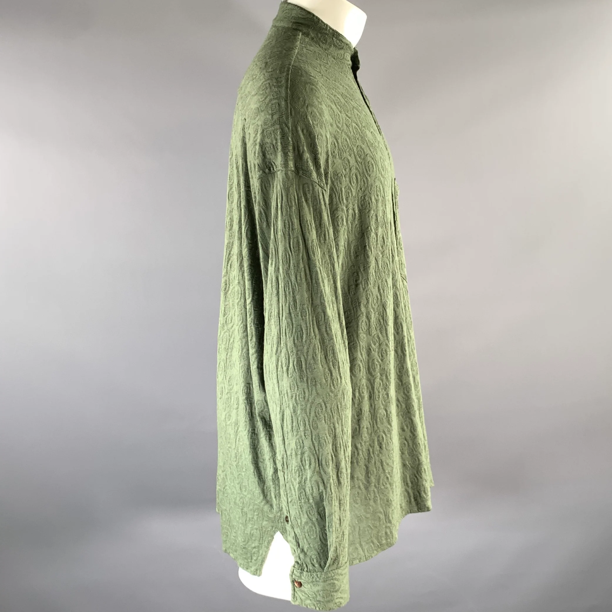 ACNE STUDIOS Size S Green Swirl Cotton Blend Band Collar Long Sleeve Shirt - Image 3