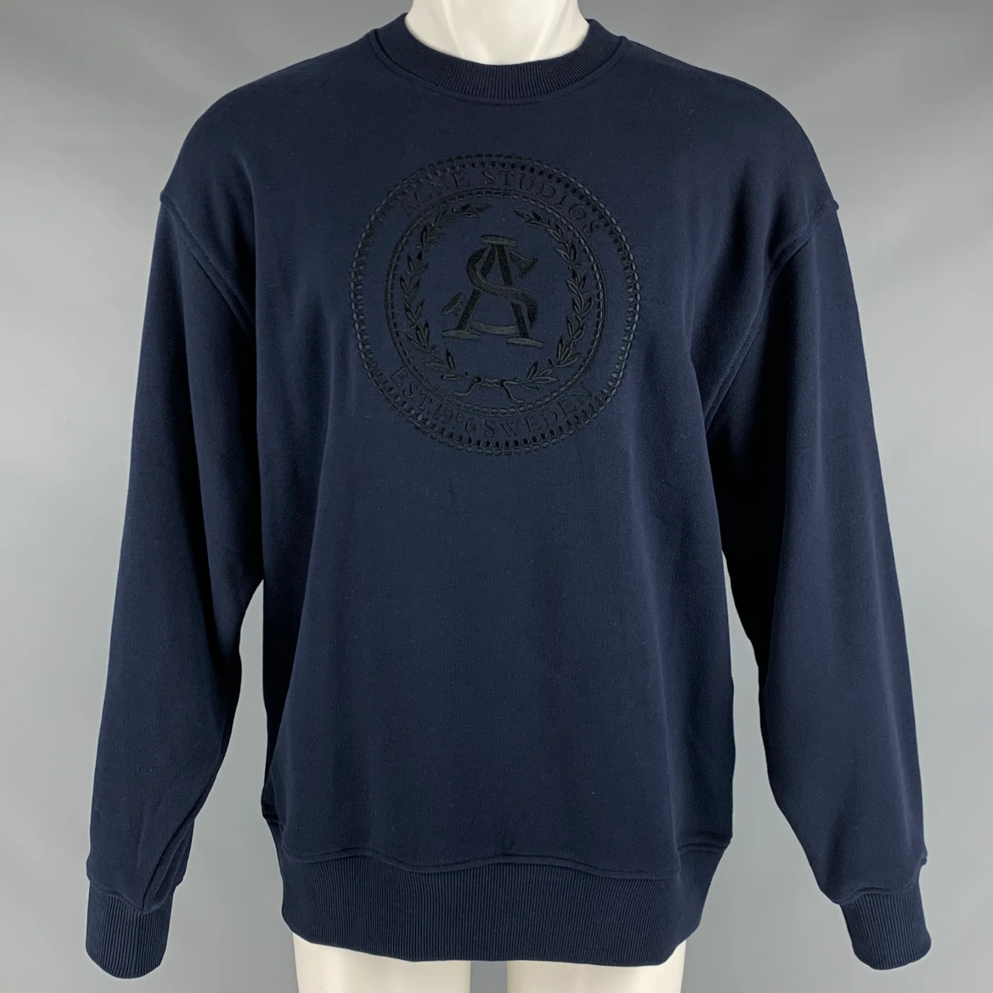 ACNE STUDIOS Size S Navy Embroidery Cotton Crew-Neck Sweatshirt