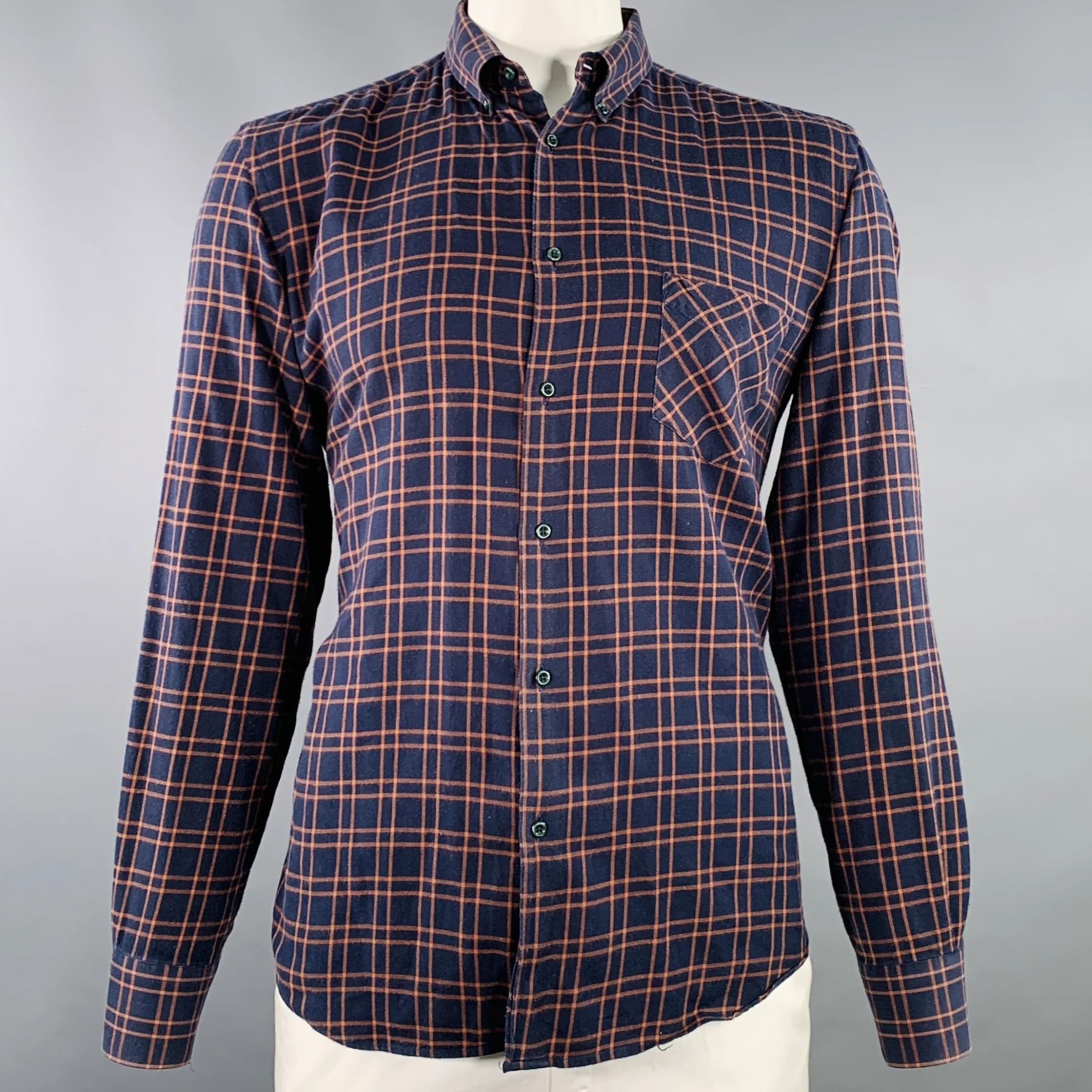 ADAM KIMMEL Size L Navy Orange Plaid Cotton Flannel Long Sleeve Shirt