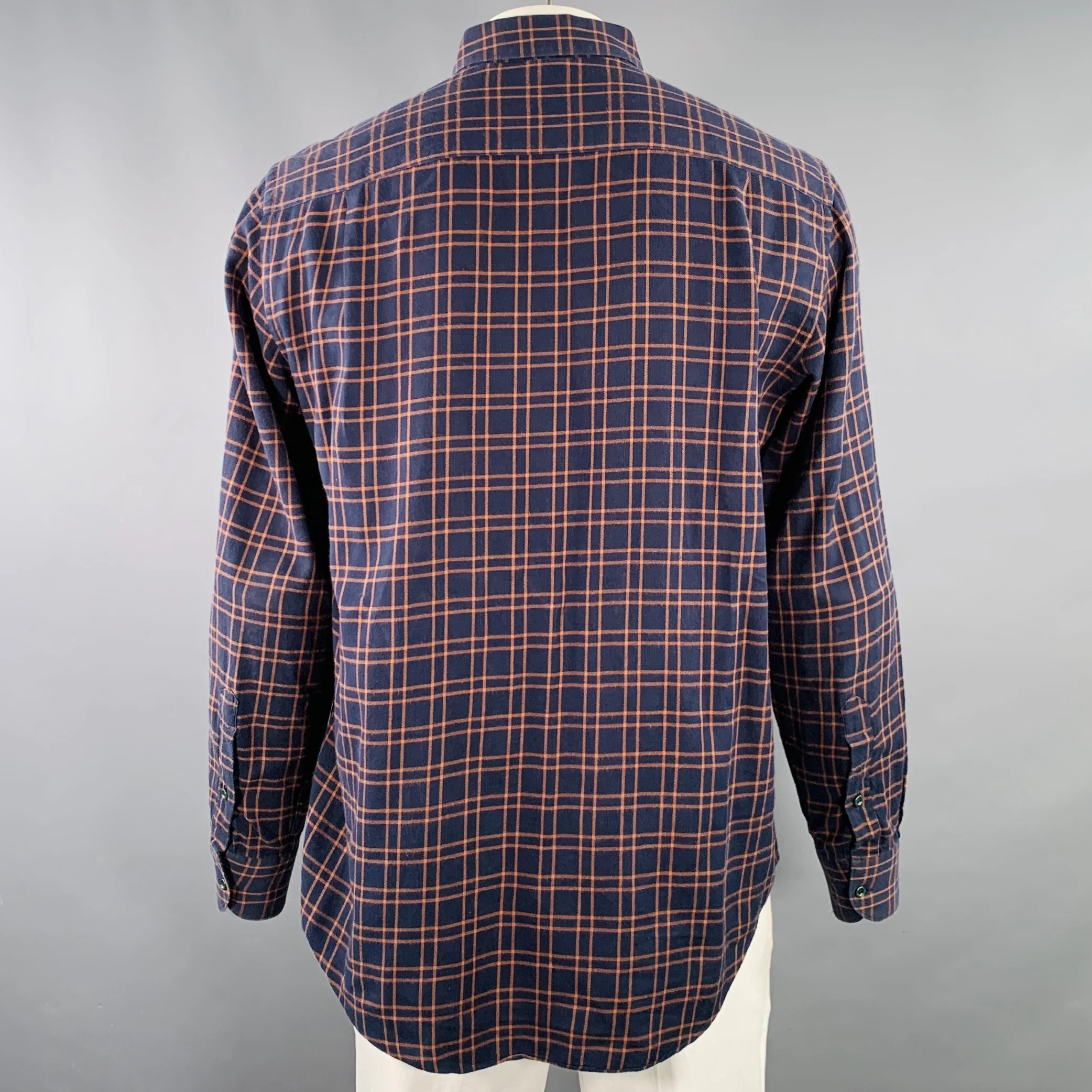 ADAM KIMMEL Size L Navy Orange Plaid Cotton Flannel Long Sleeve Shirt - Image 3