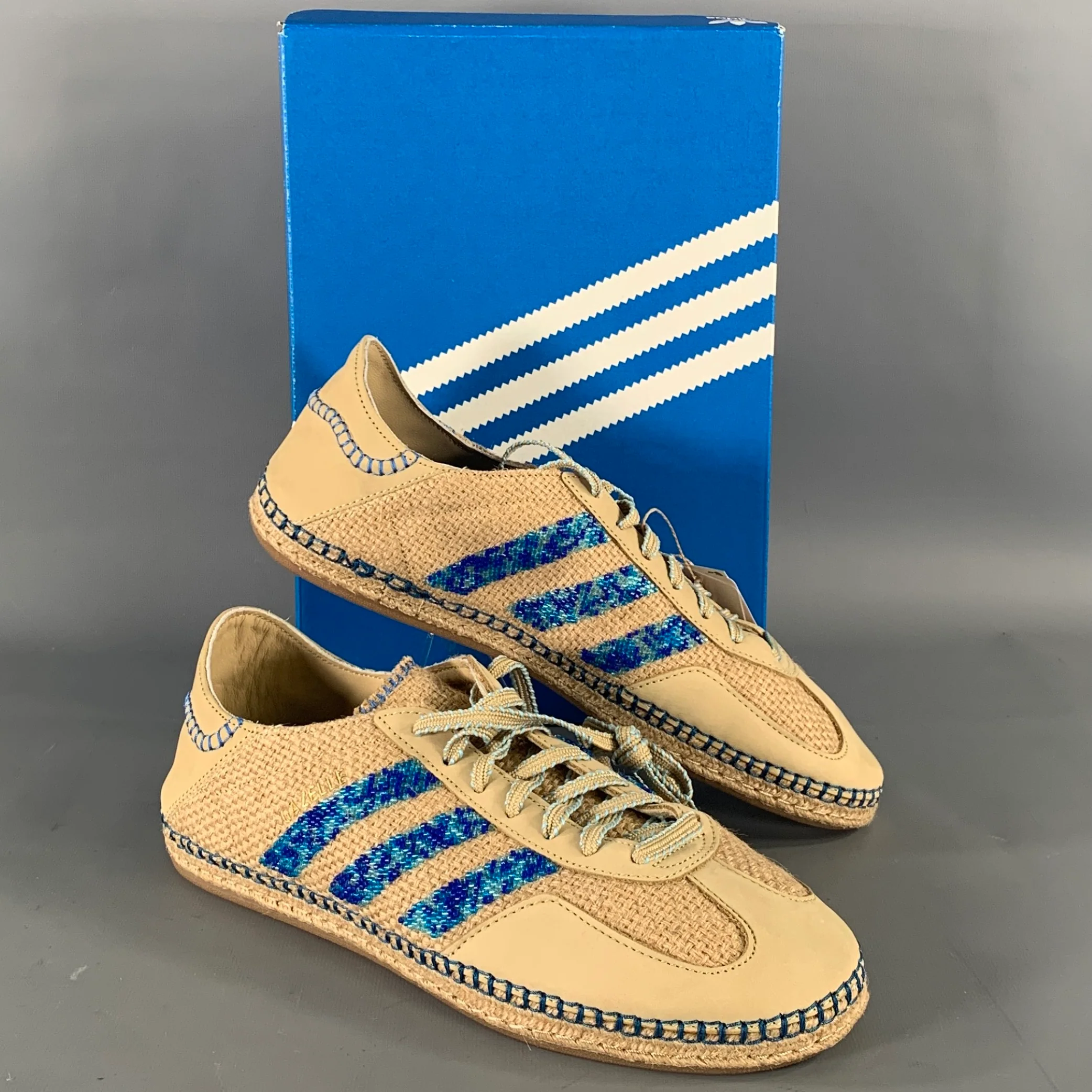 ADIDAS Size 10.5 Khaki Blue Mixed Patterns Mixed Fabrics Yacht Sneakers - Image 9