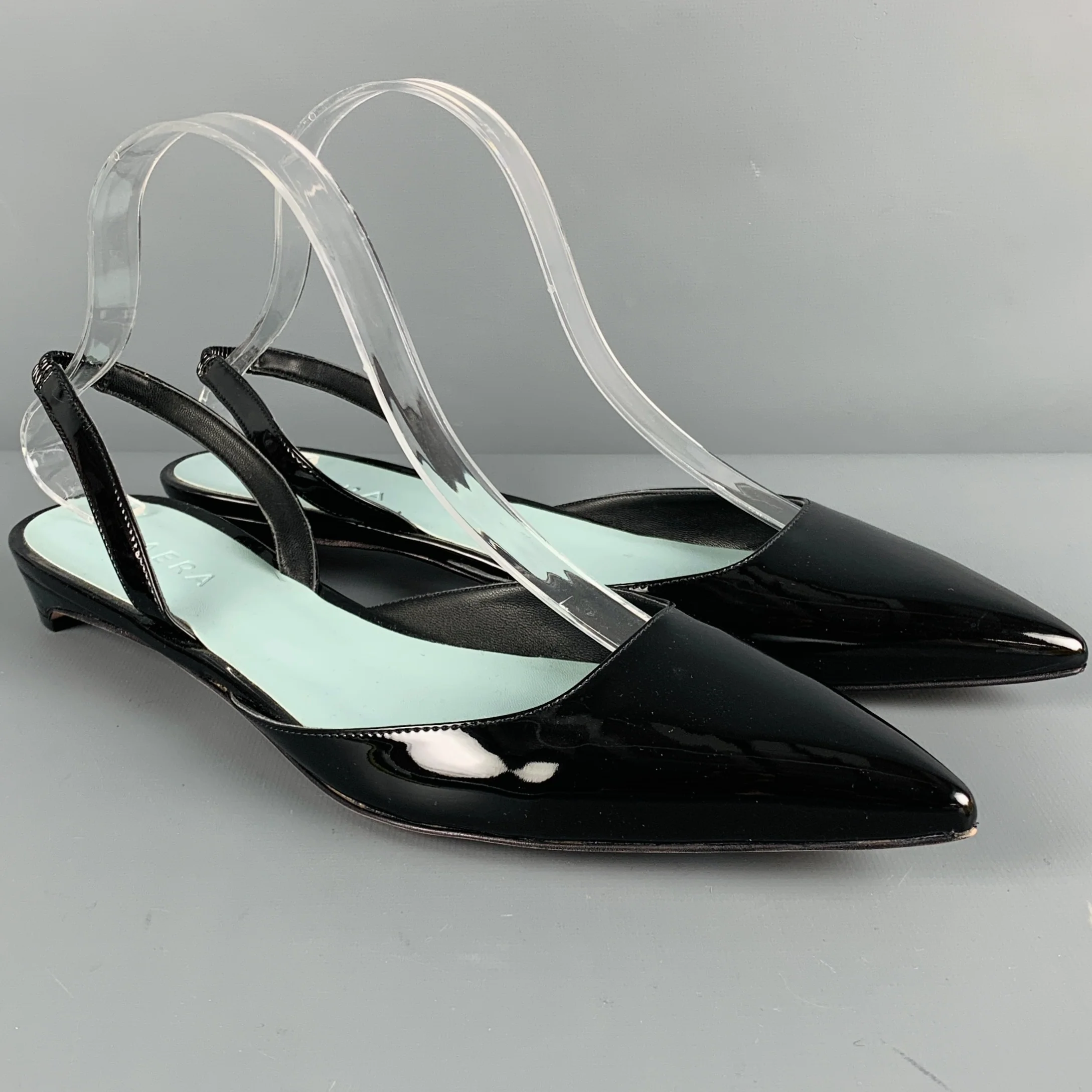AERA Size 10.5 Black Faux Patent Leather Ankle Strap Flats