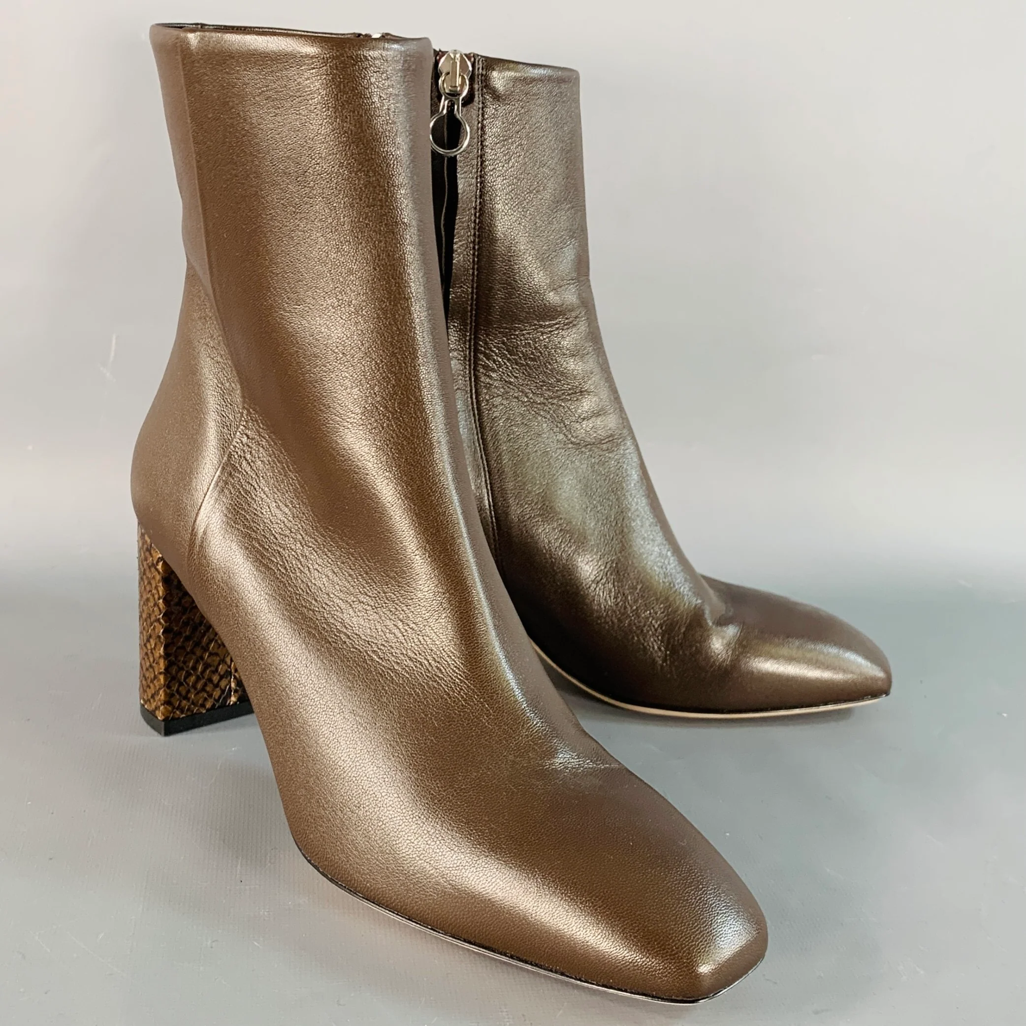 AEYDE Size 10 Brown Leather Snakeskin Chunky Heel Side Zipper Ankle Boots