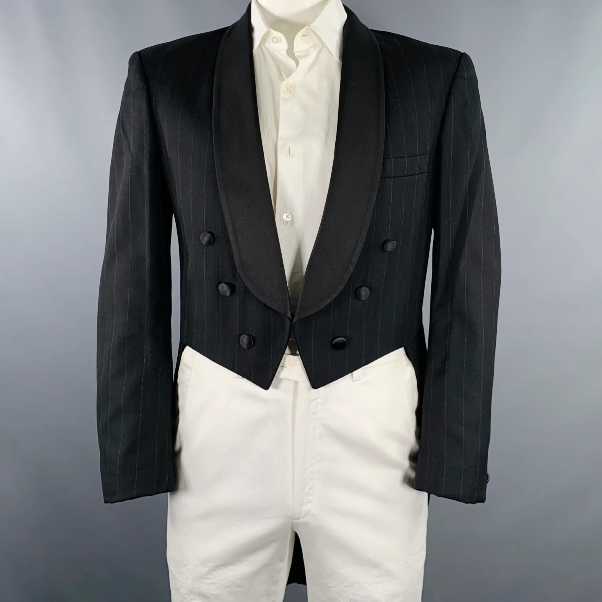AFTER SIX Size 42 Black Grey Stripe Coattails Tuxedo Jacket