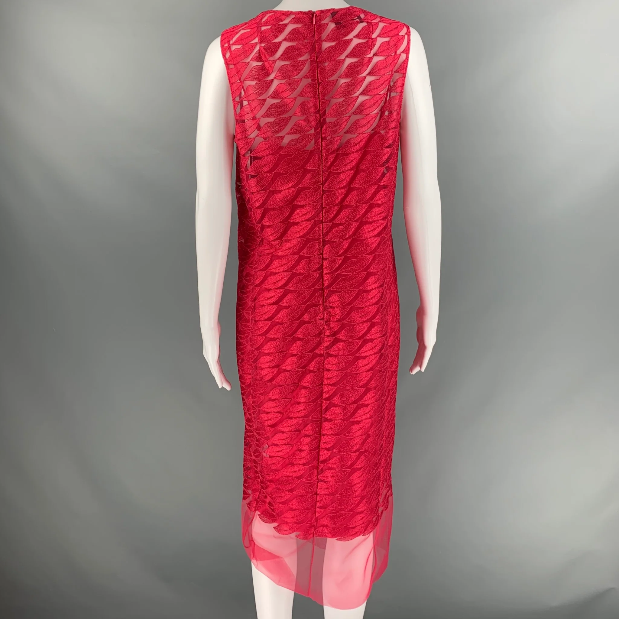AKRIS Size 10 Red See Through Polyester Lace Sleeveless Dress - Image 4