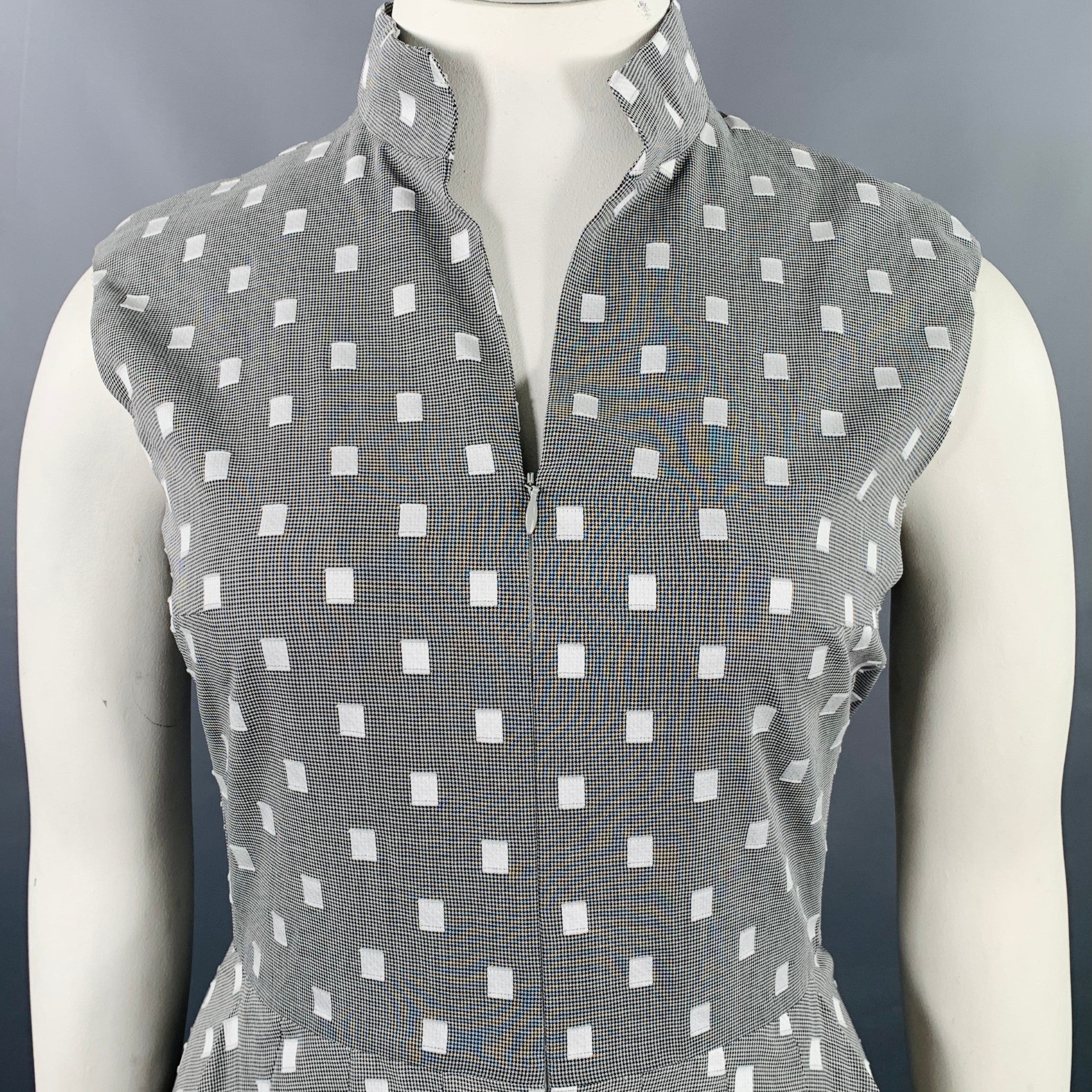 AKRIS Size 12 Black White Cotton Squares Sleeveless Dress - Image 2