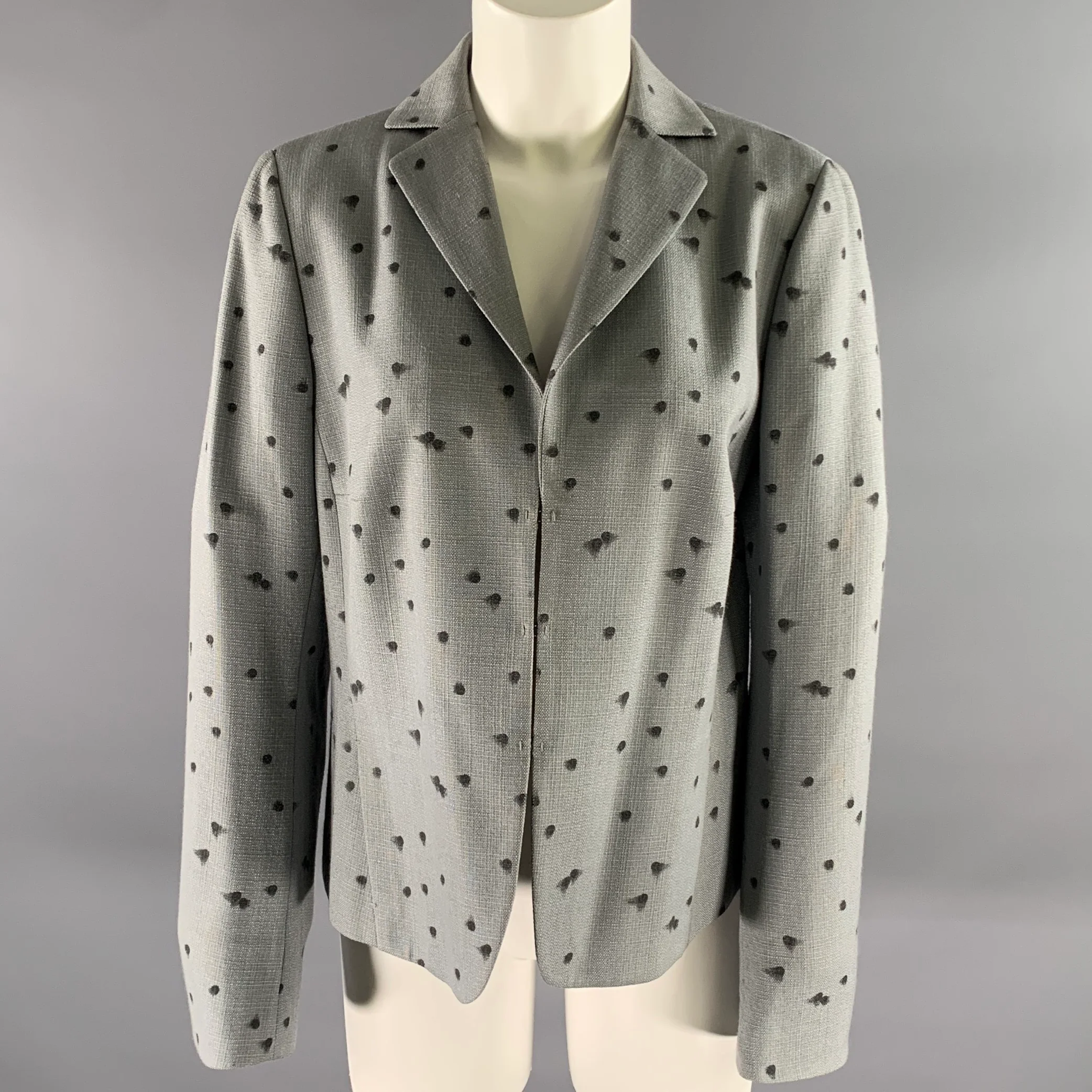 AKRIS Size 12 Grey Black Viscose Wool Spotted Cropped Blazer