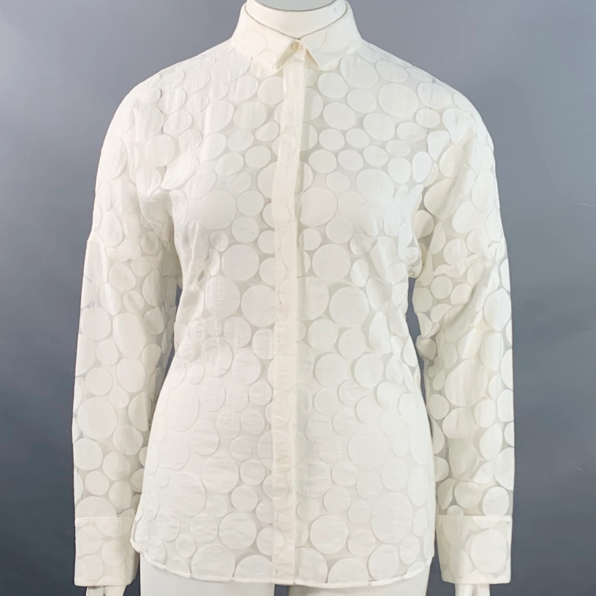 AKRIS Size 12 White Cotton Polka Dot Point Collar Button Up Shirt