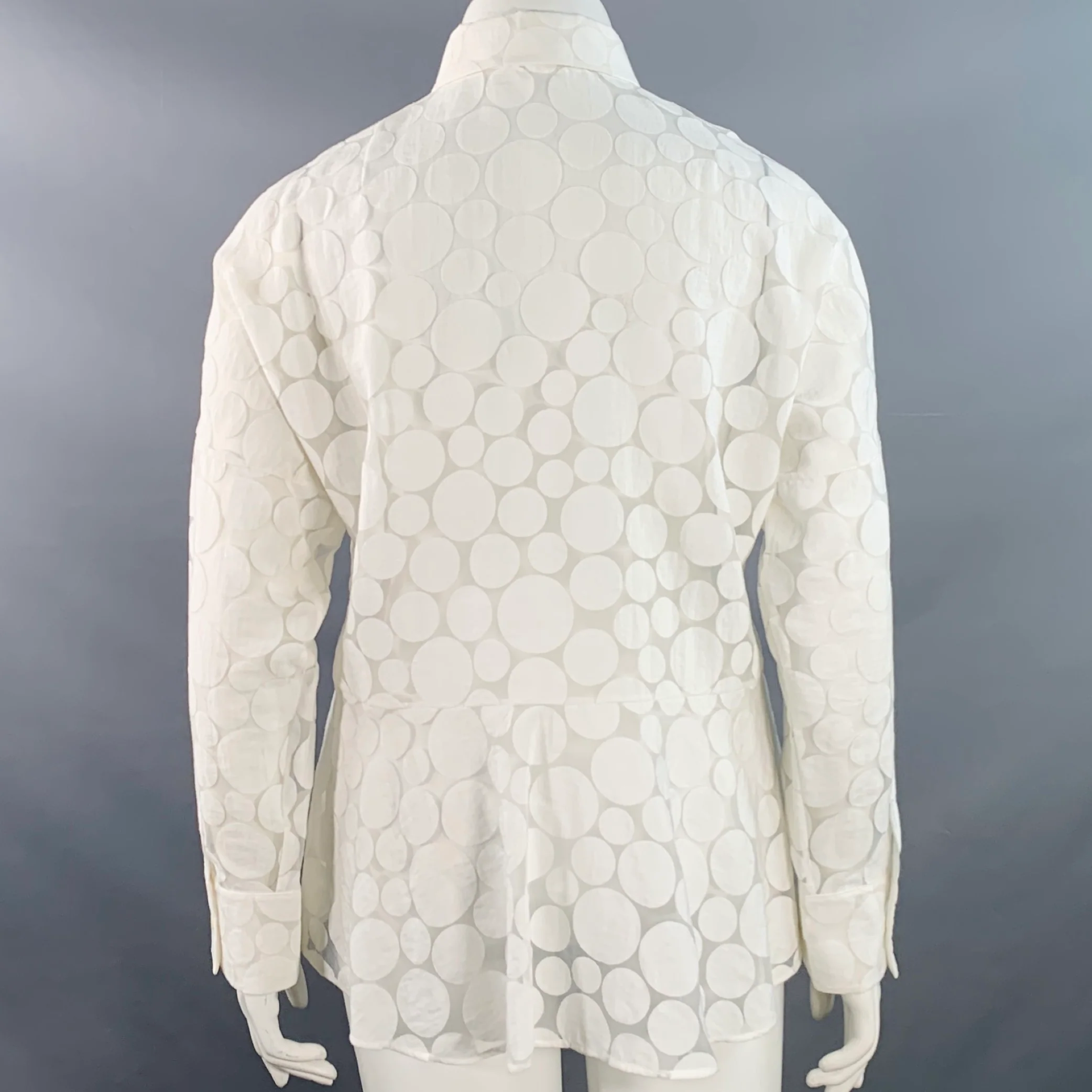 AKRIS Size 12 White Cotton Polka Dot Point Collar Button Up Shirt - Image 4