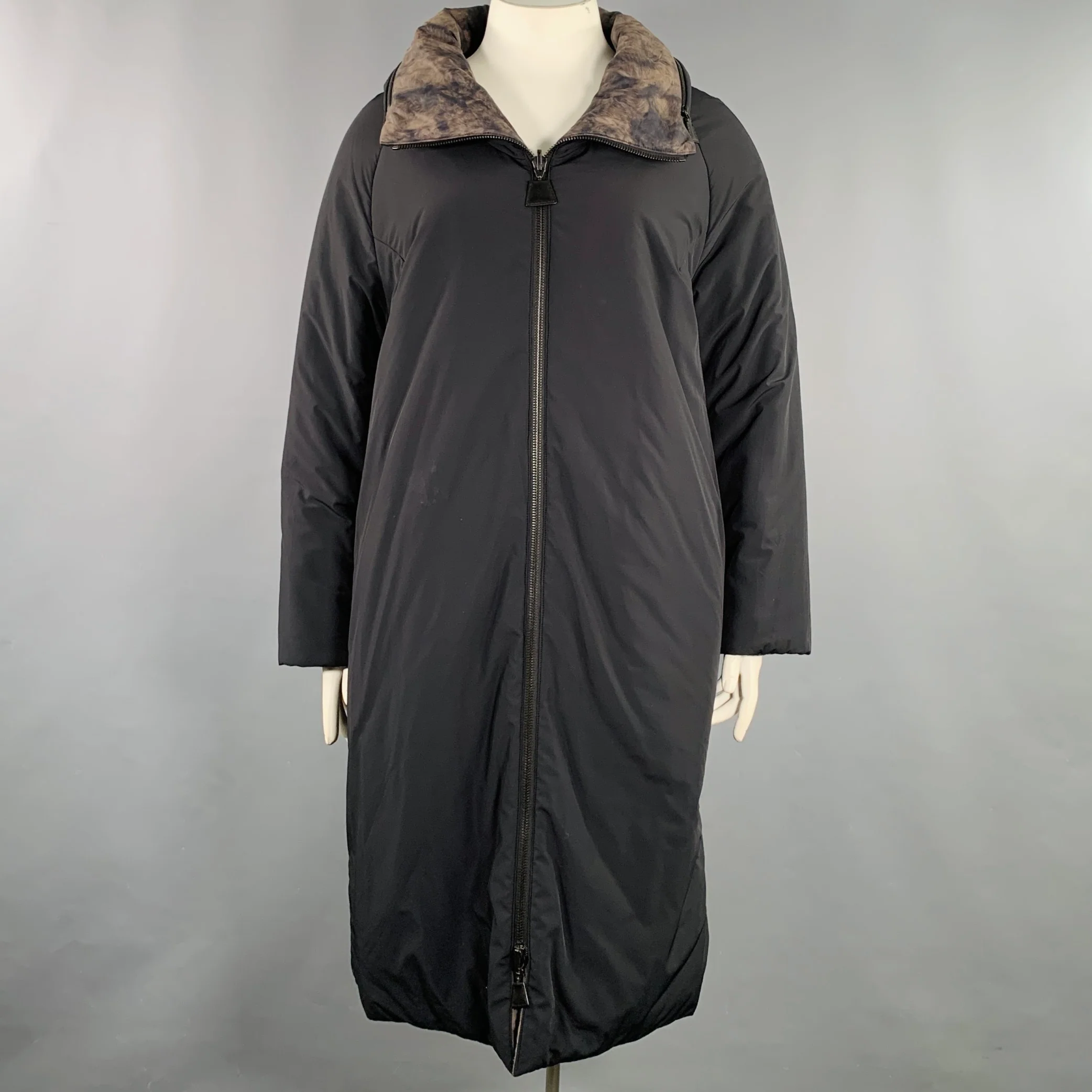AKRIS Size 14 Black Brown Fur Effect Nylon Reversible Puffer Coat - Image 2
