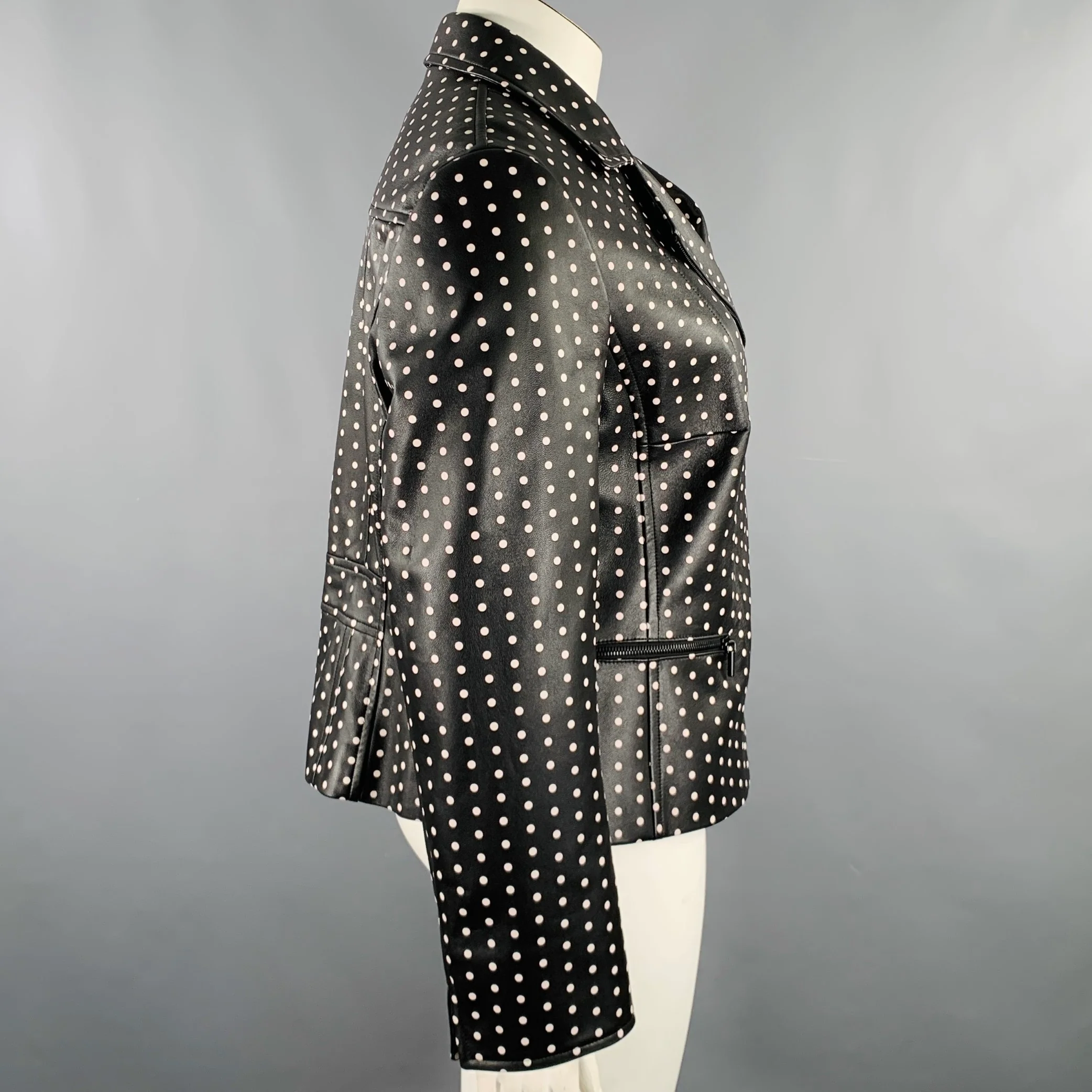 AKRIS Size 14 Black White Leather Polka Dot Lambskin Biker Jacket - Image 3