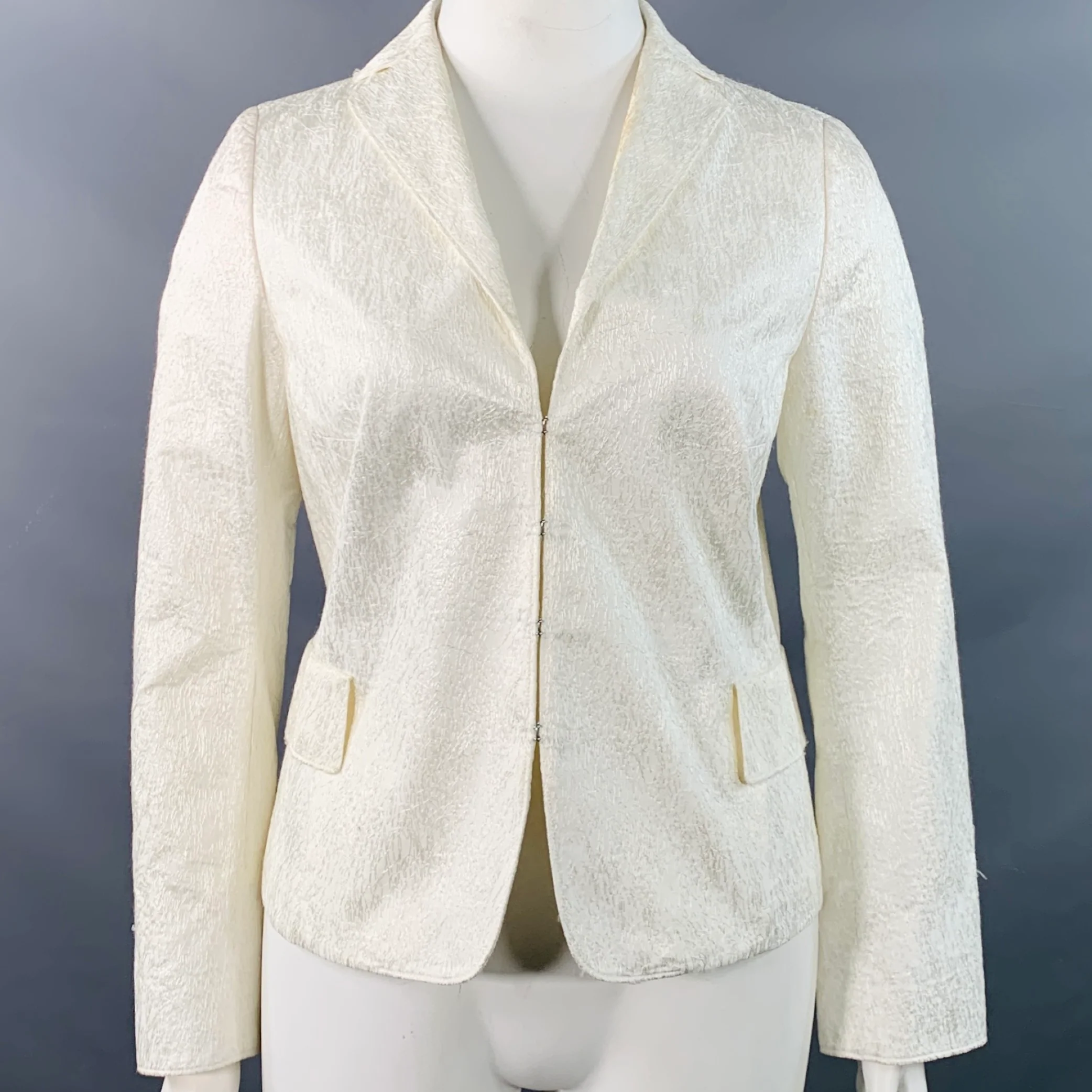 AKRIS Size 14 Cream Cotton Blend Scribble Stitch Hook Eye Jacket Blazer
