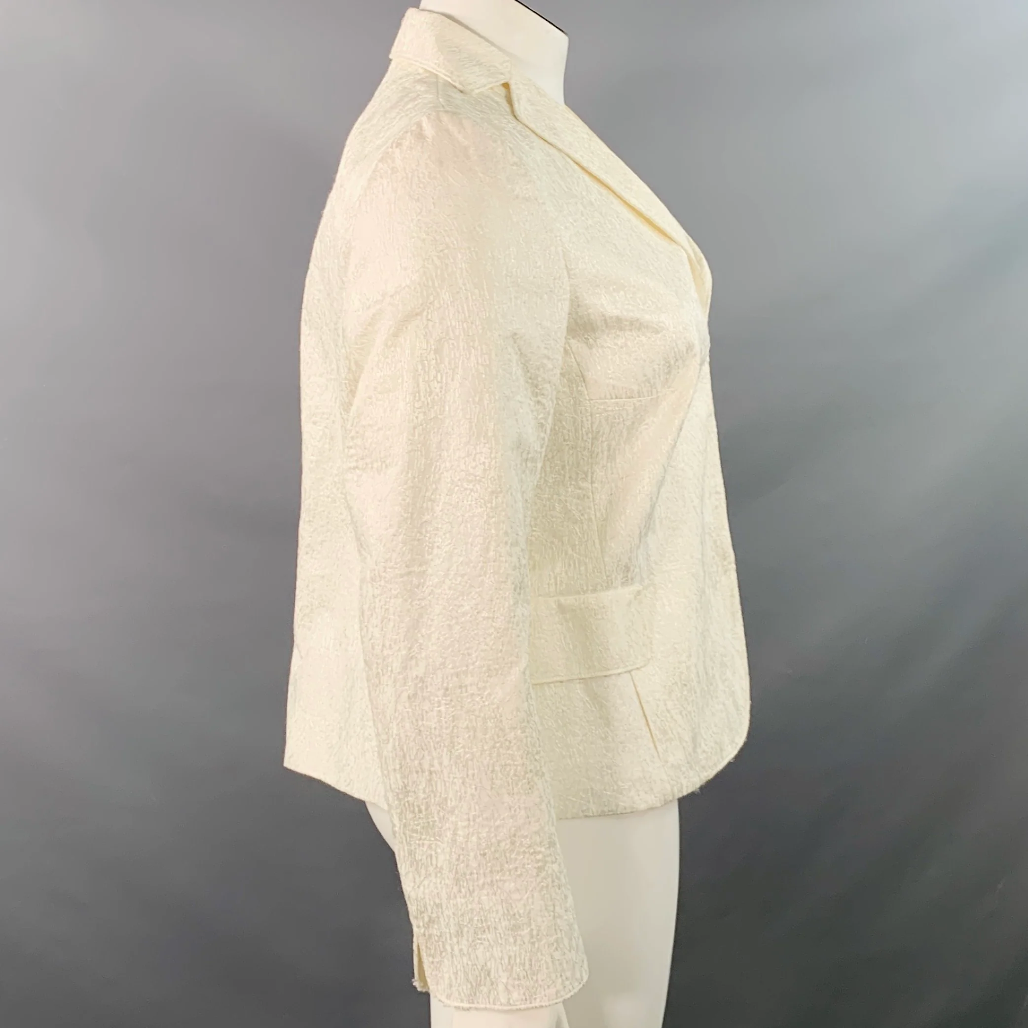 AKRIS Size 14 Cream Cotton Blend Scribble Stitch Hook Eye Jacket Blazer - Image 3