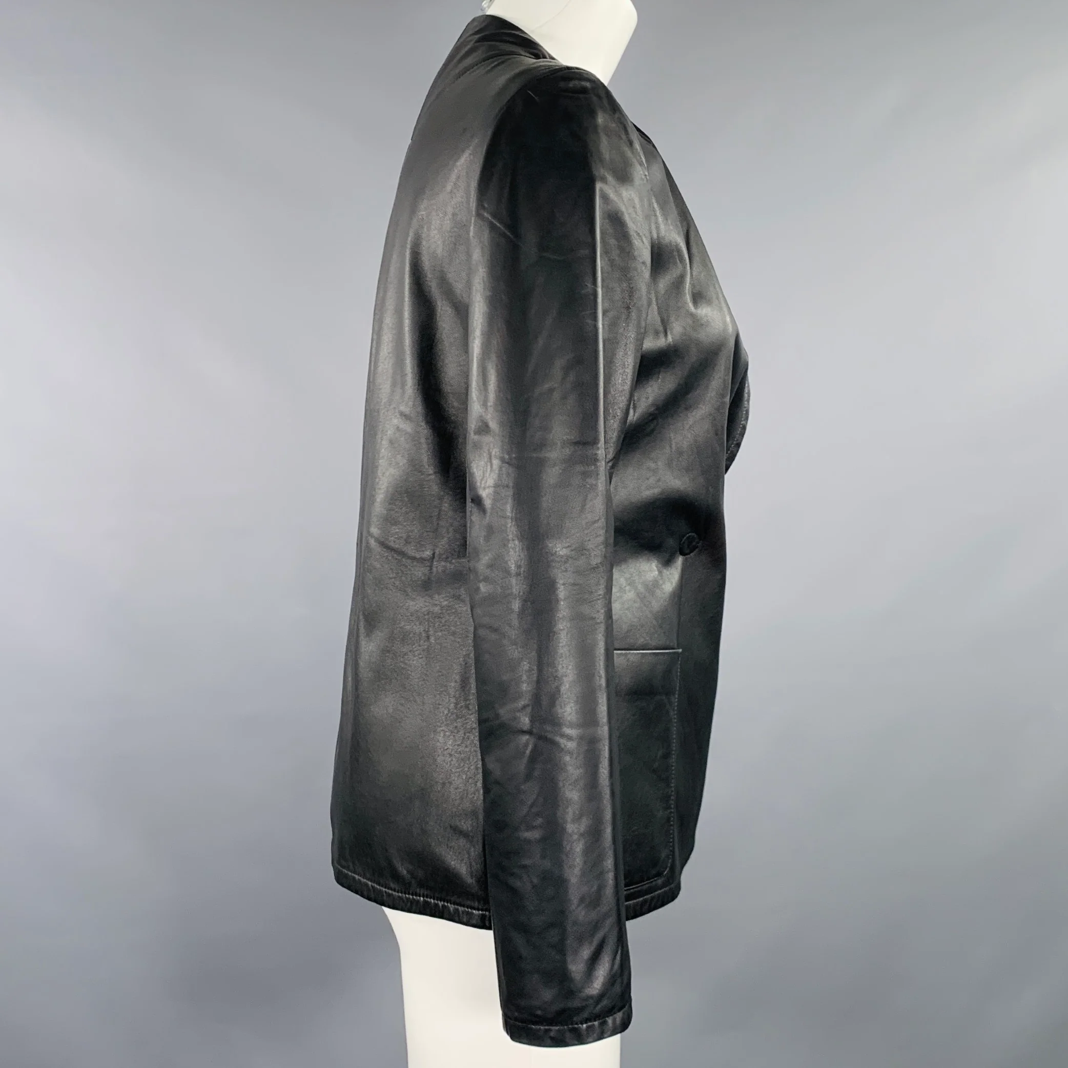 AKRIS Size 4 Black Wool Lambskin Leather Snaps Jacket - Image 3