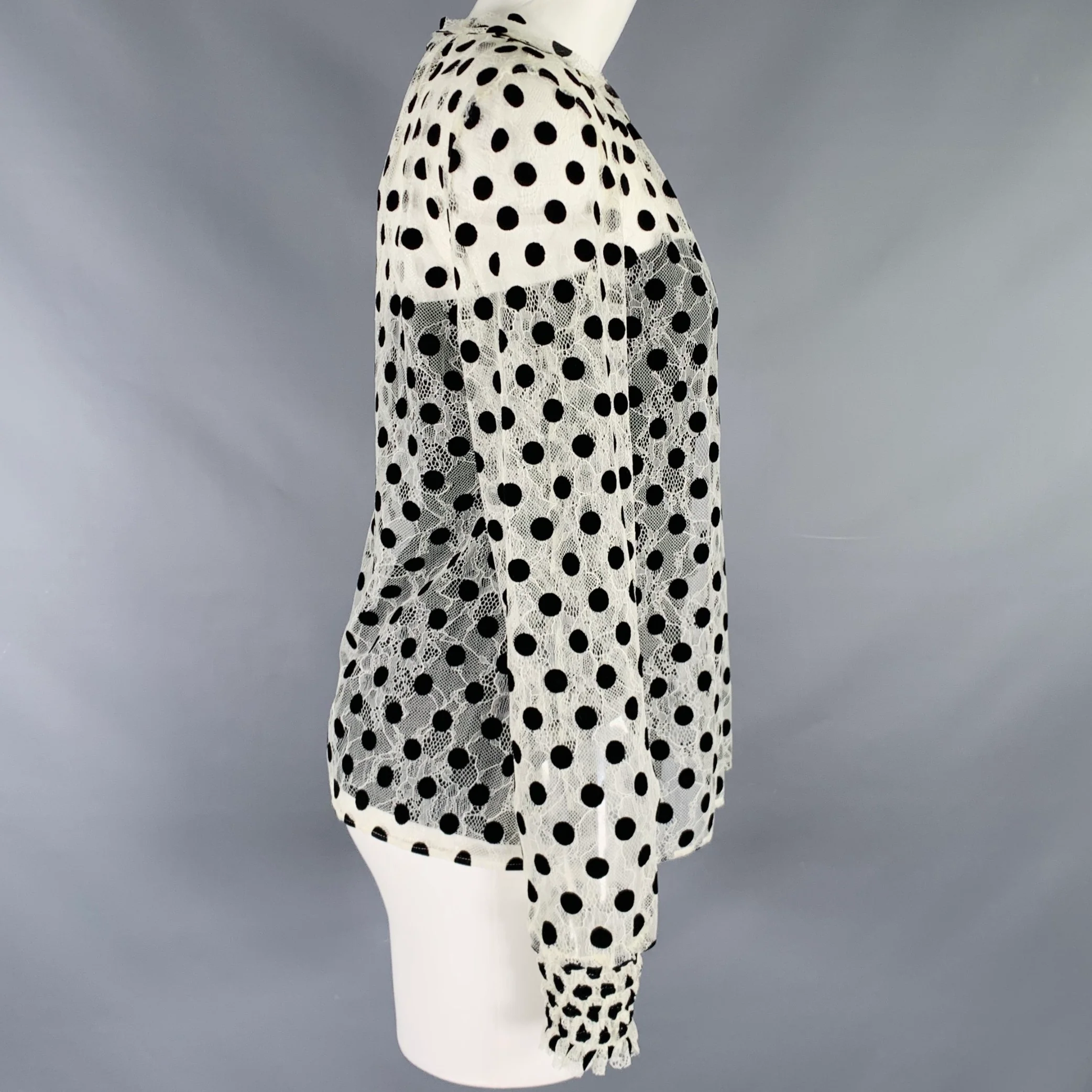 AKRIS Size 4 Off White Black Viscose Blend Polka Dot Collarless Blouse - Image 3