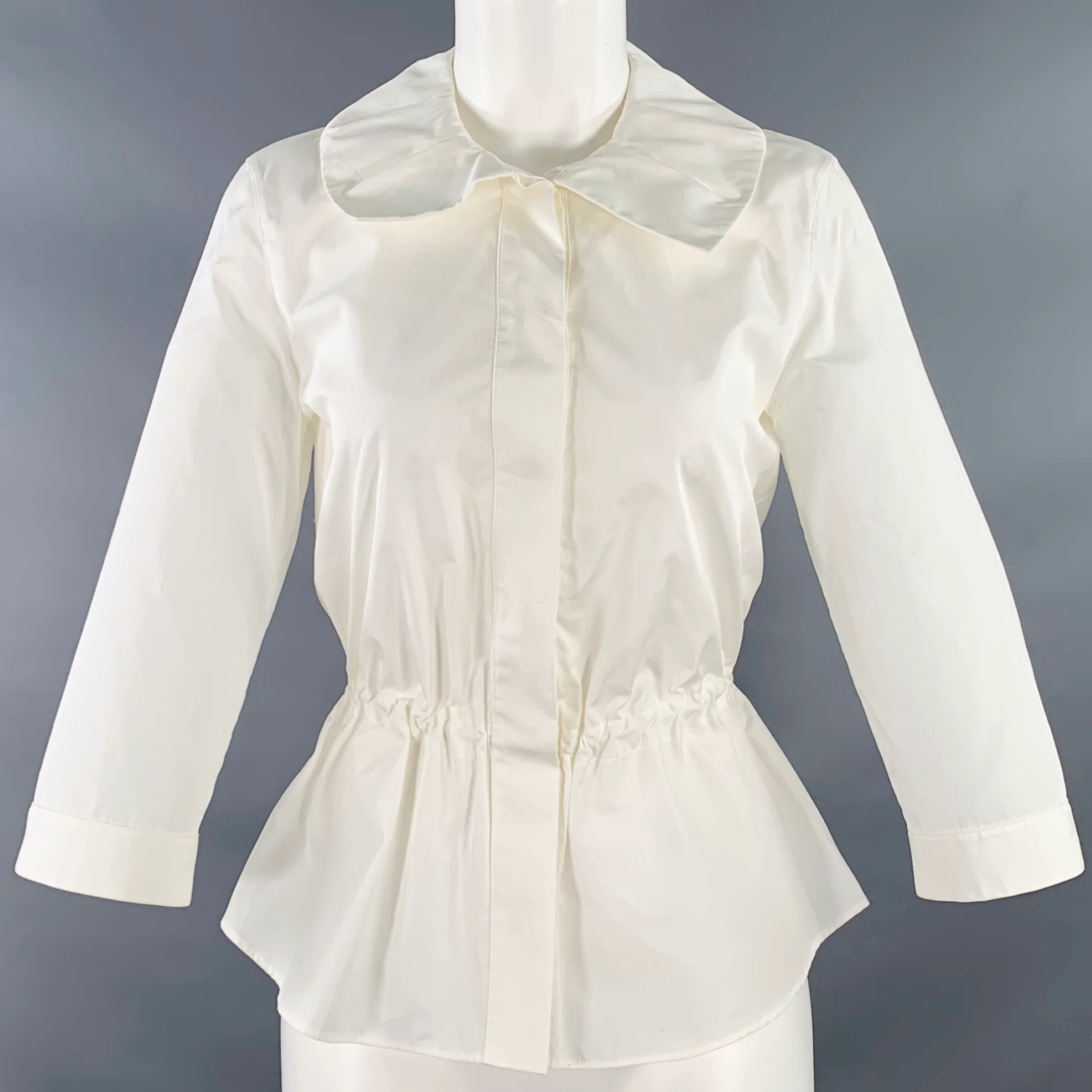AKRIS Size 6 White Cotton Drawstring Waist 3/4 Sleeves Hidden Buttons Blouse