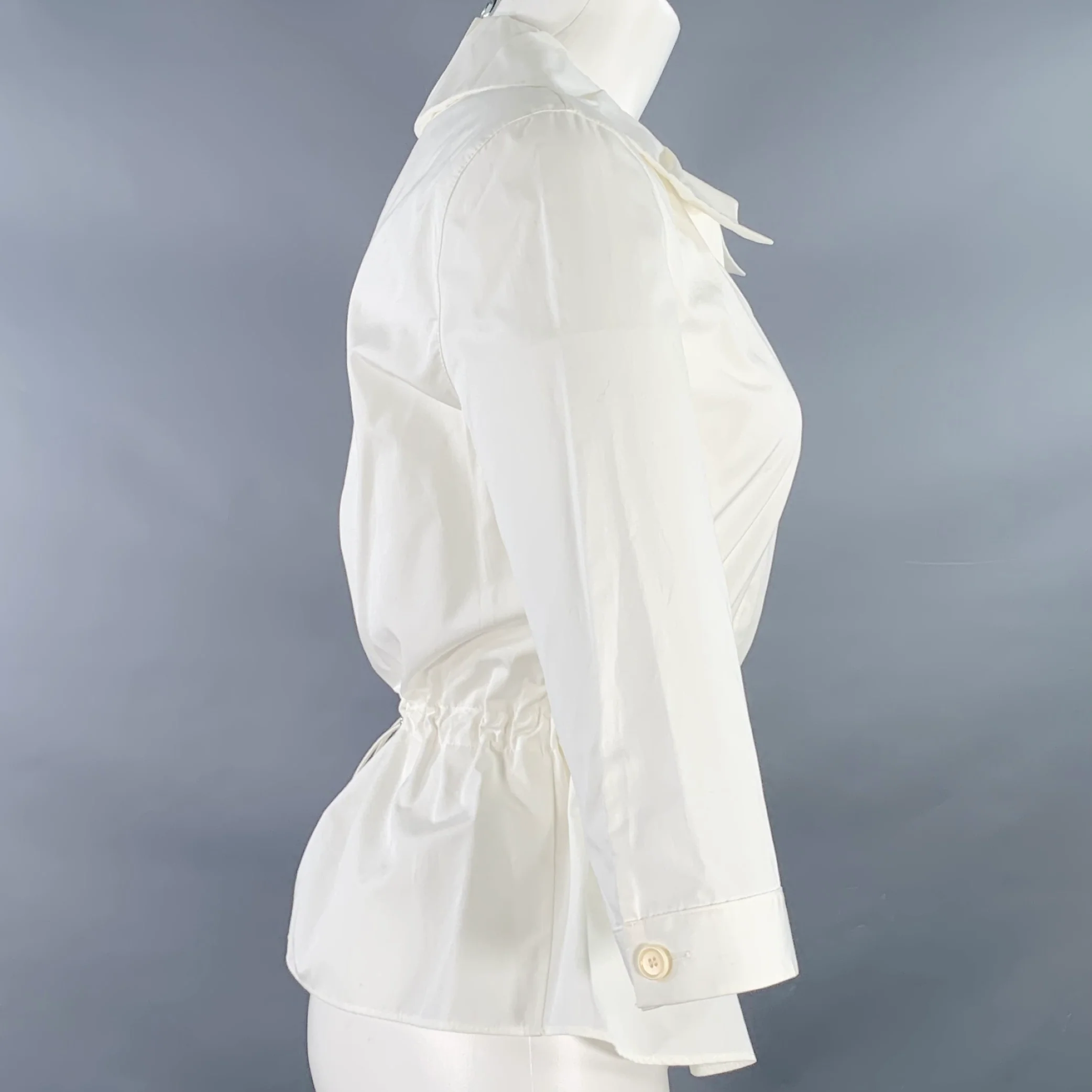AKRIS Size 6 White Cotton Drawstring Waist 3/4 Sleeves Hidden Buttons Blouse - Image 2