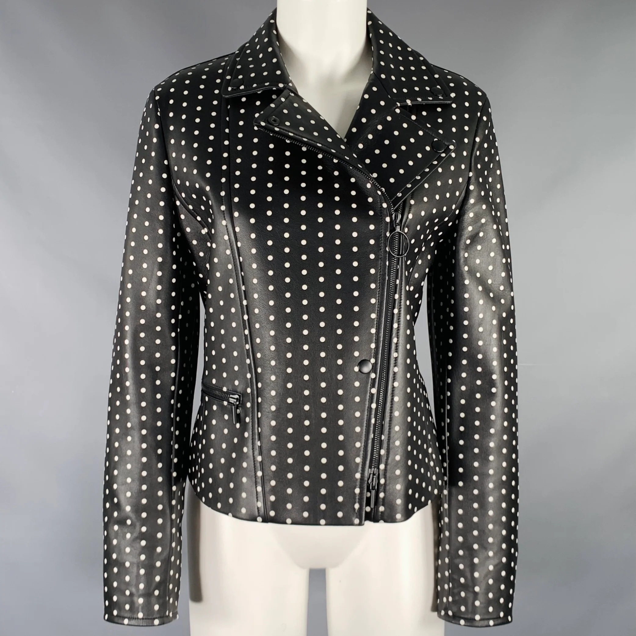 AKRIS Size 8 Black White Lambskin Leather Polka Dot Biker Jacket