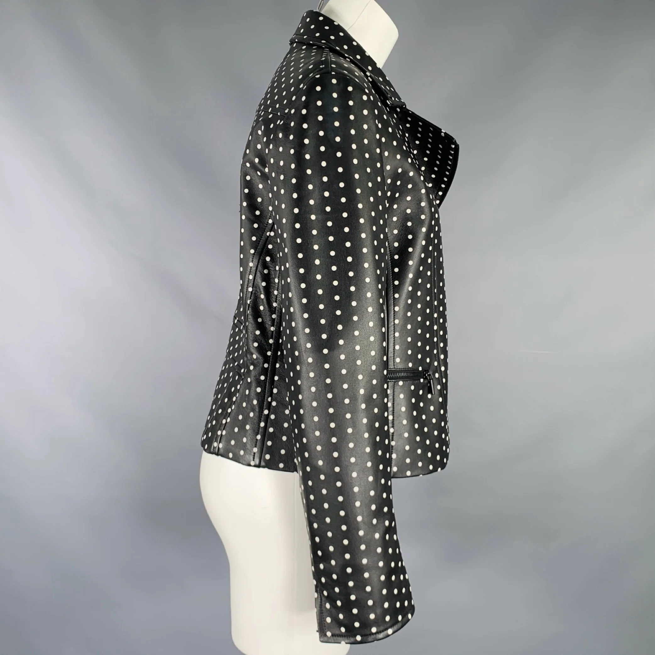 AKRIS Size 8 Black White Lambskin Leather Polka Dot Biker Jacket - Image 3