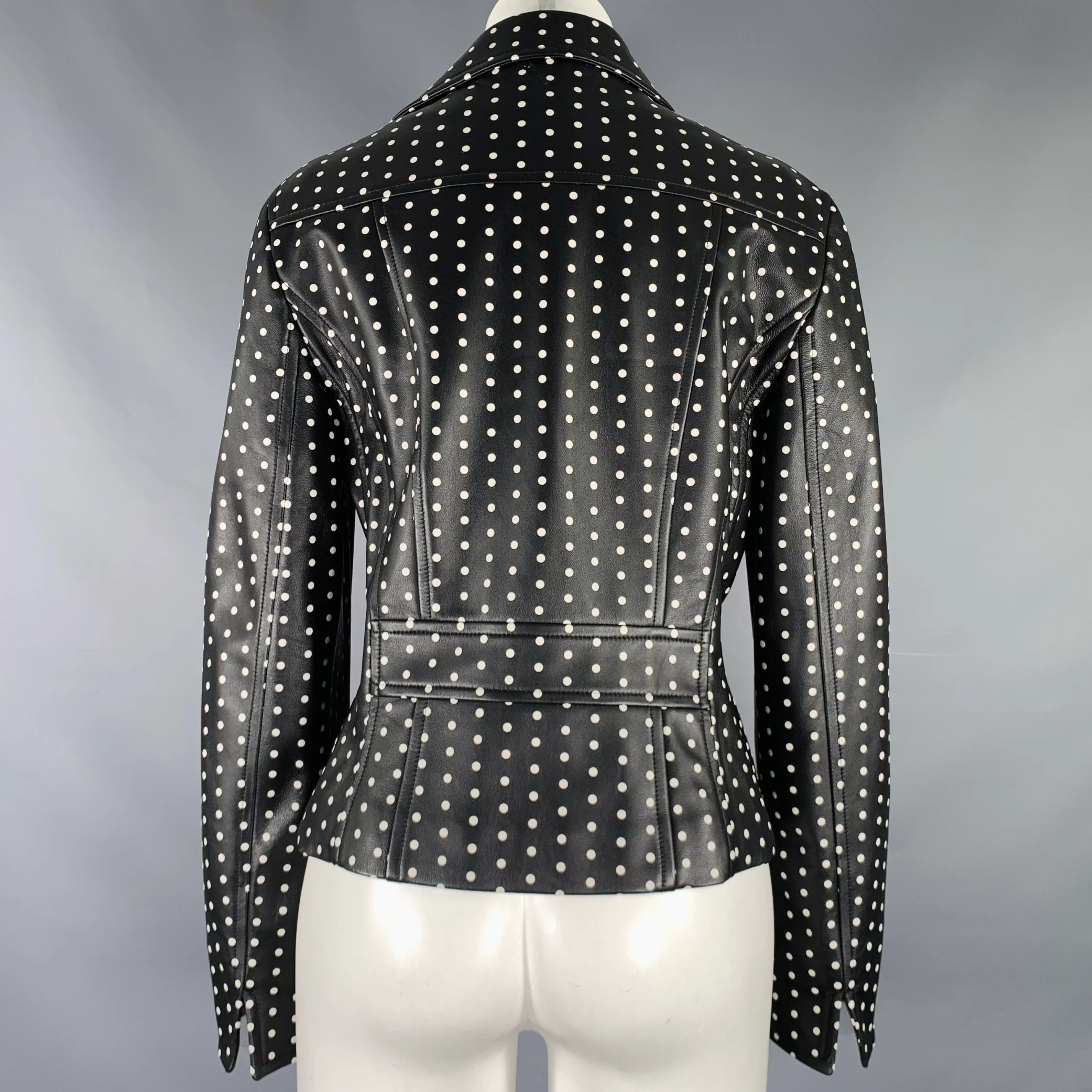 AKRIS Size 8 Black White Lambskin Leather Polka Dot Biker Jacket - Image 4