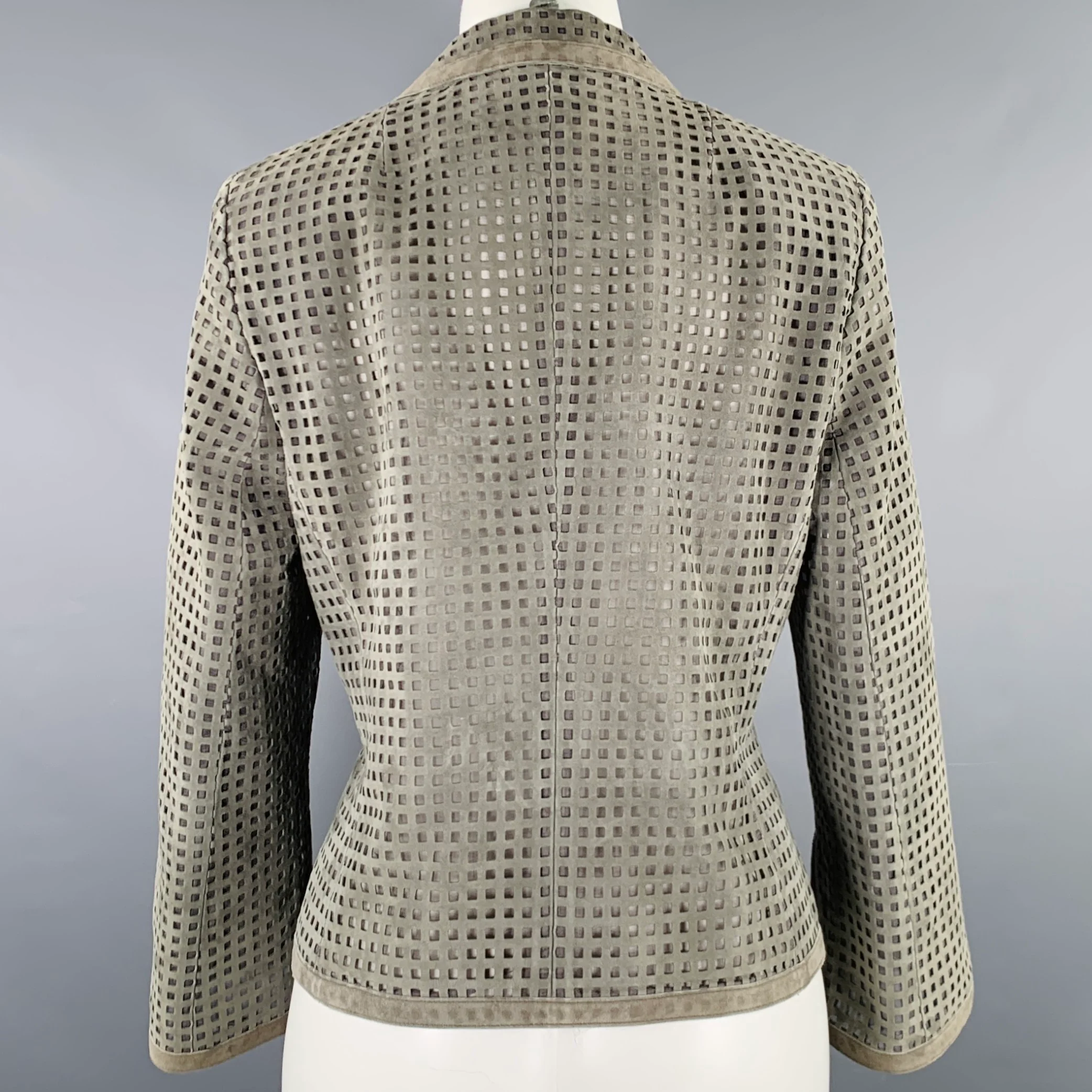 AKRIS Size 8 Grey Perforated Lamb Suede Eye Hook Jacket Blazer - Image 3